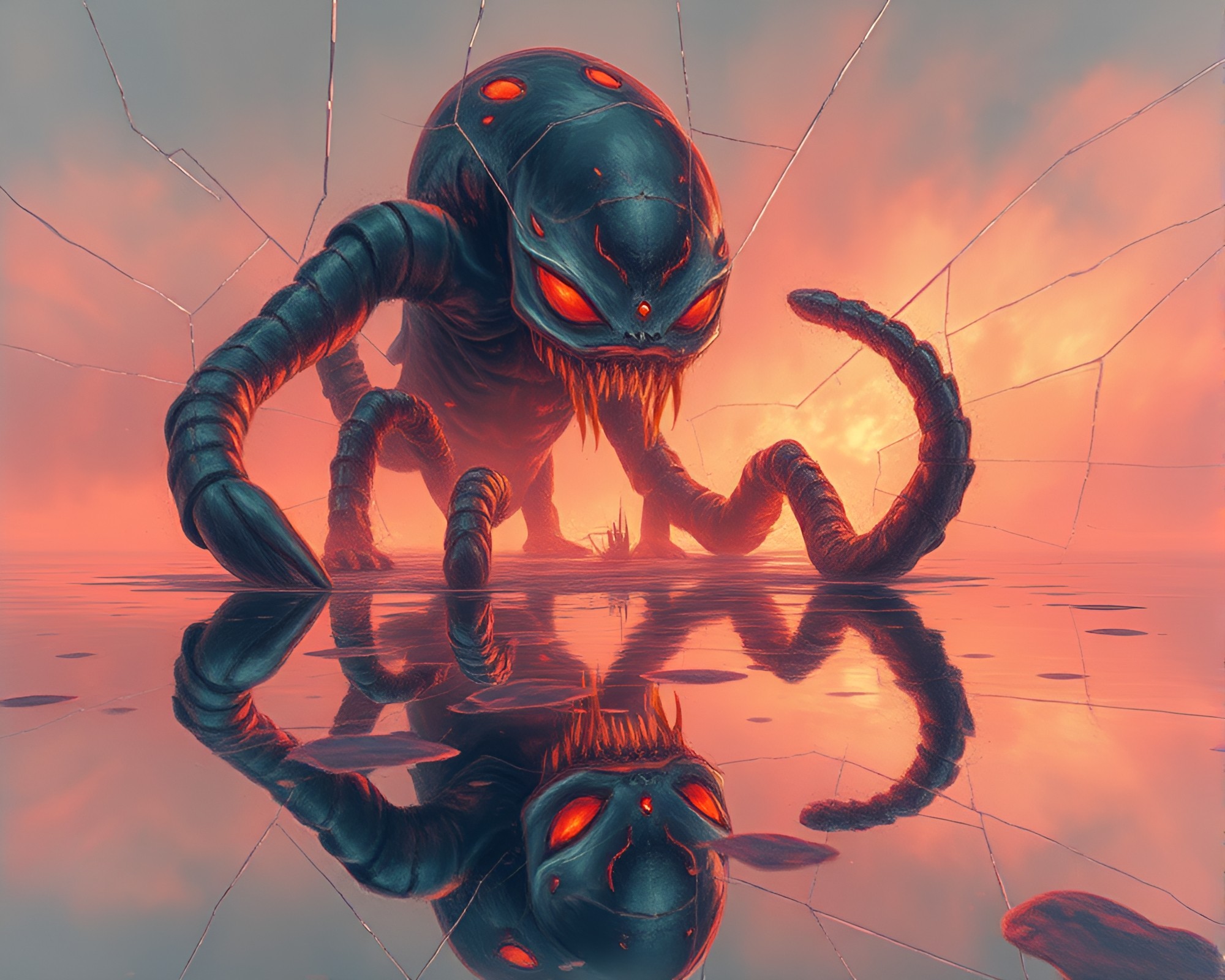 Kraken emerging through broken glass in peachy glow – free AI stock image