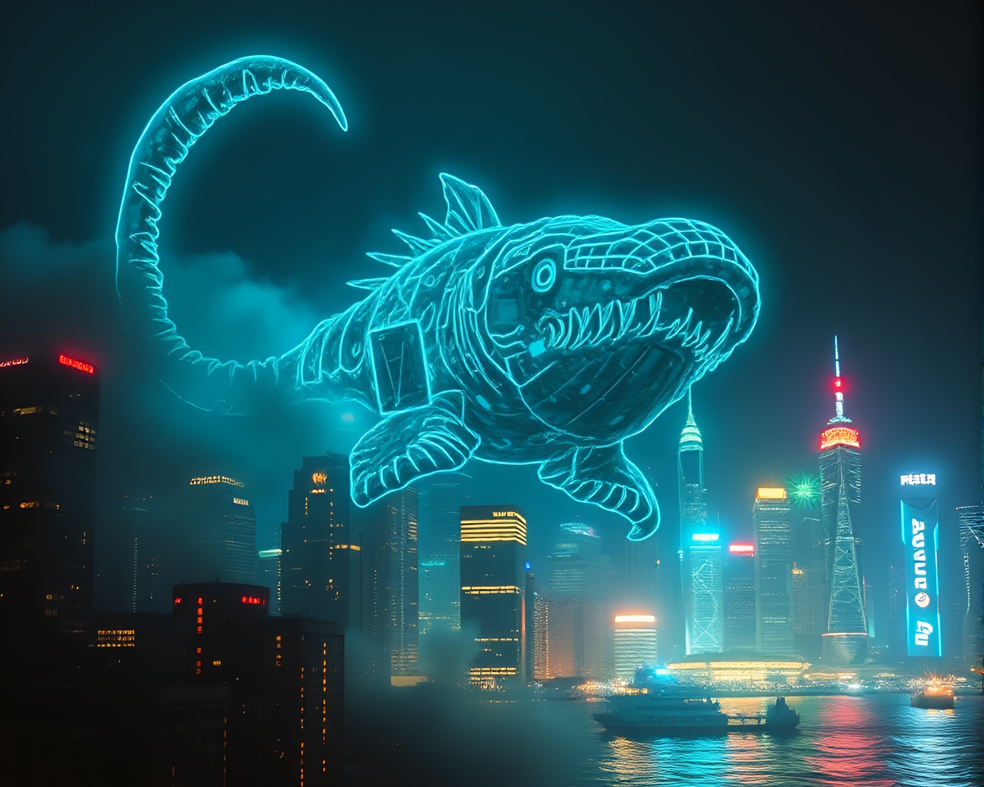 Neon Leviathan dominates off-center city collage – free AI stock image