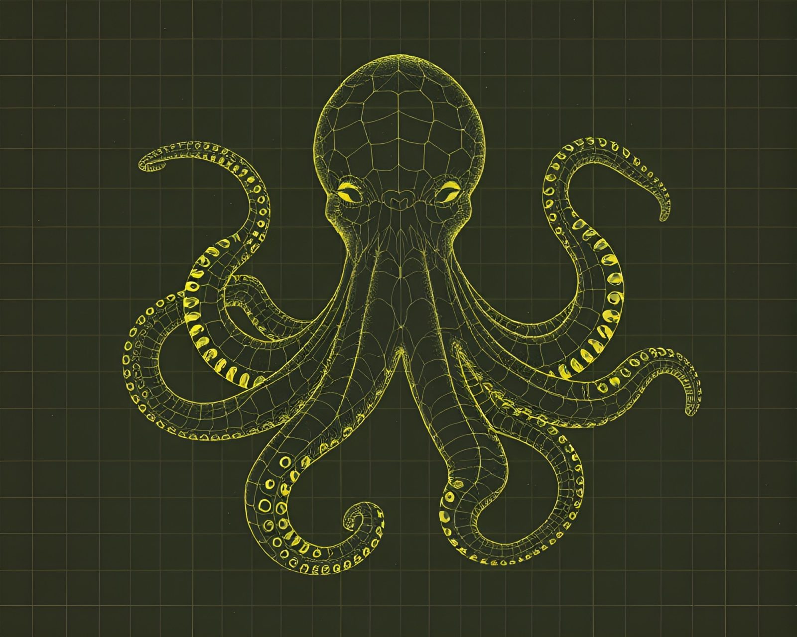 Abstract neural style octopus in grid overlay, olive drab palette