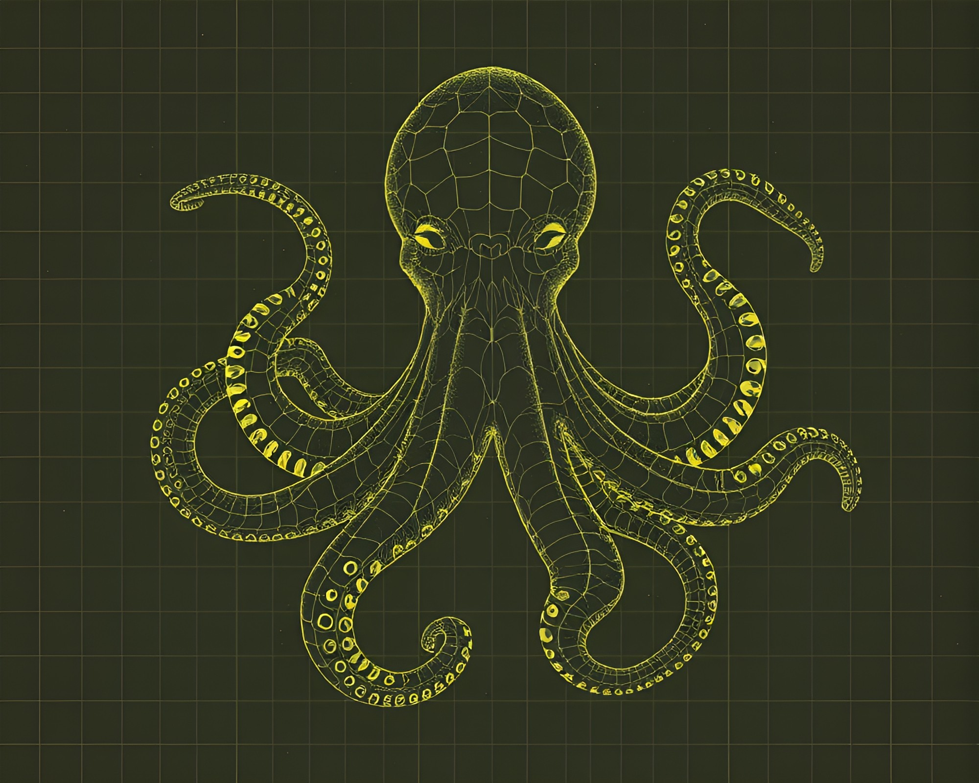 Octopus in Grid Overlay with Olive Drab Tone – free AI stock image