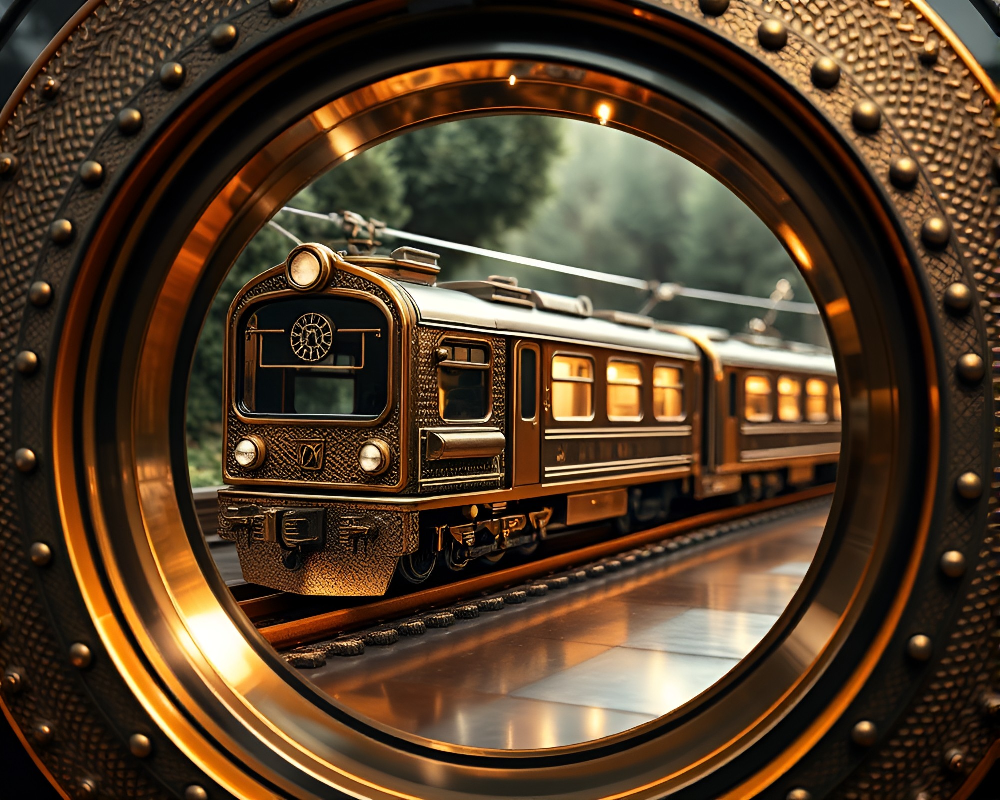 Bronze Magnet Levitation Train in Circular Frame – free AI stock image