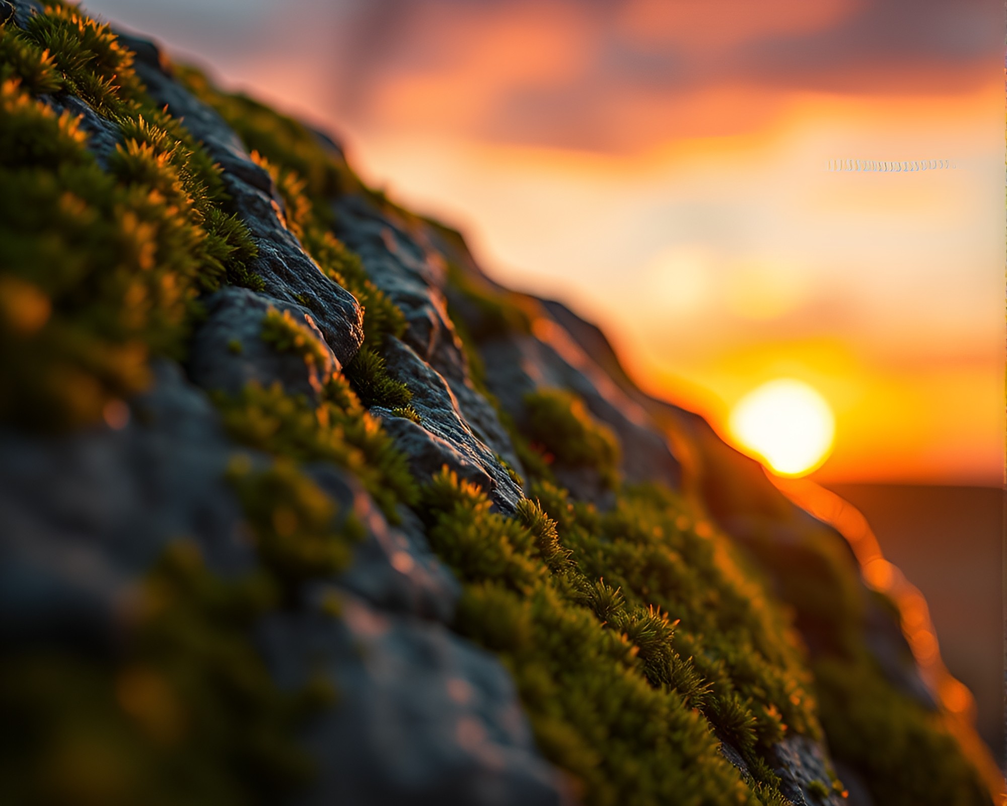 Sunset Pixel Art: Moss-Covered Rock Macro Detail – free AI stock image