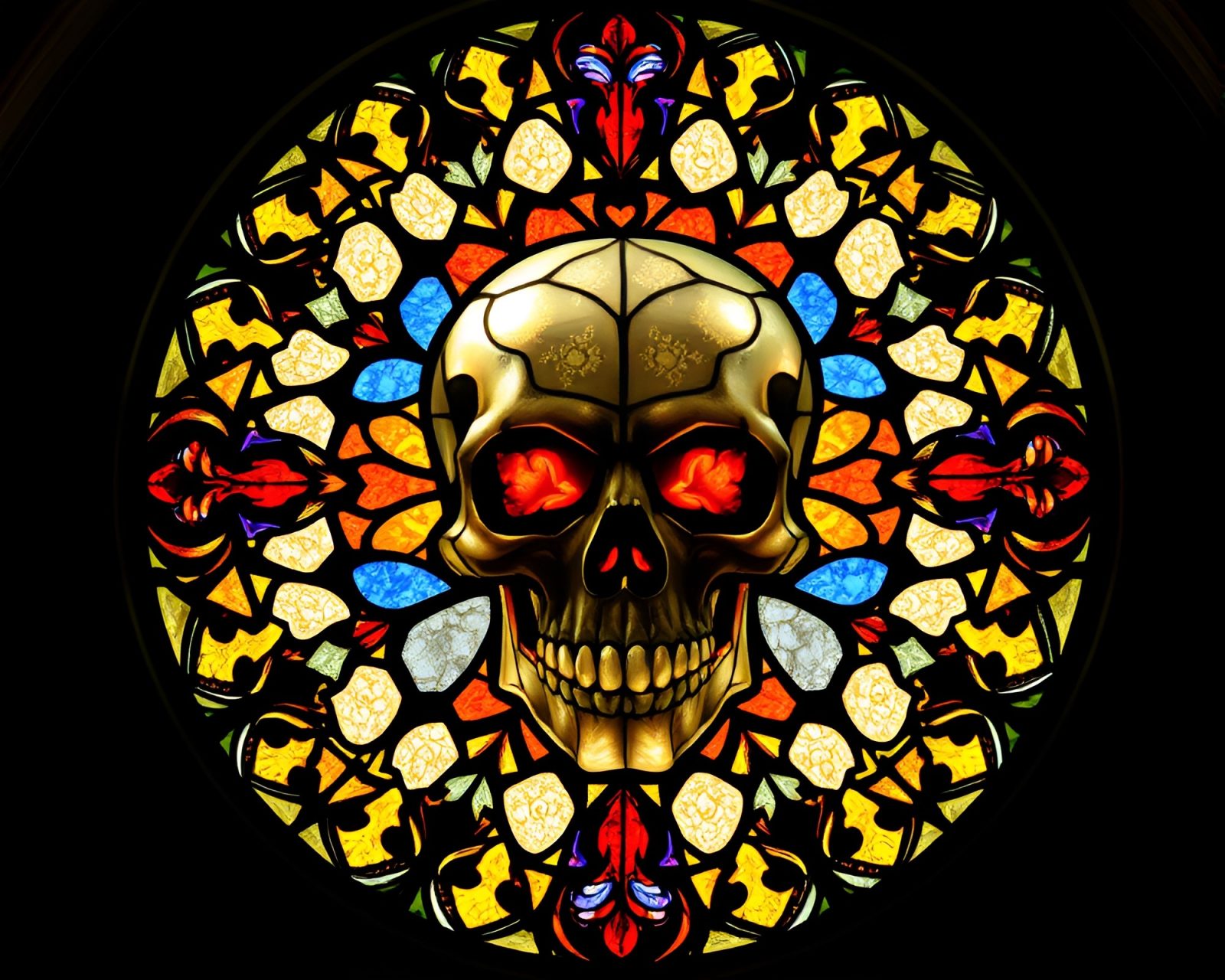 Beautiful stained glass effect shining on crystal skull within circular frame