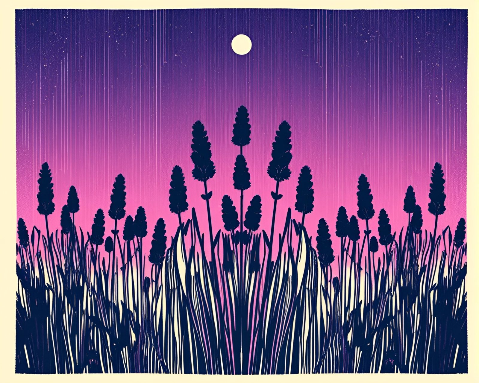 Symmetrical digital glitch art with woodcut style in lavender twilight.