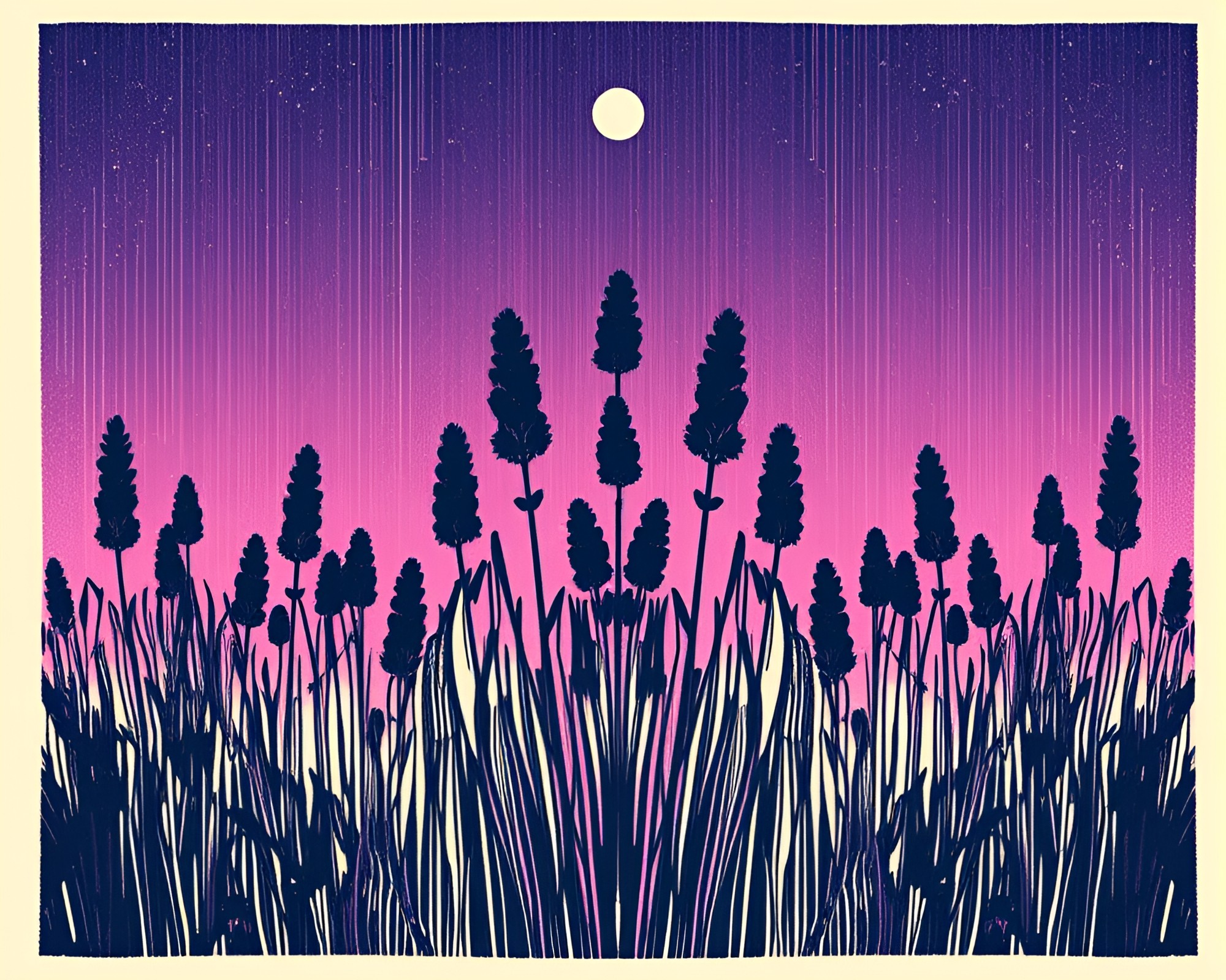 Symmetrical Glitch: Lavender Woodcut Twilight – free AI stock image