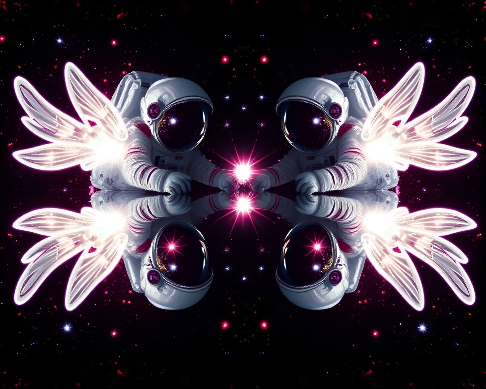 Fairy lights sparkle around duochrome astronaut in symmetrical mirror