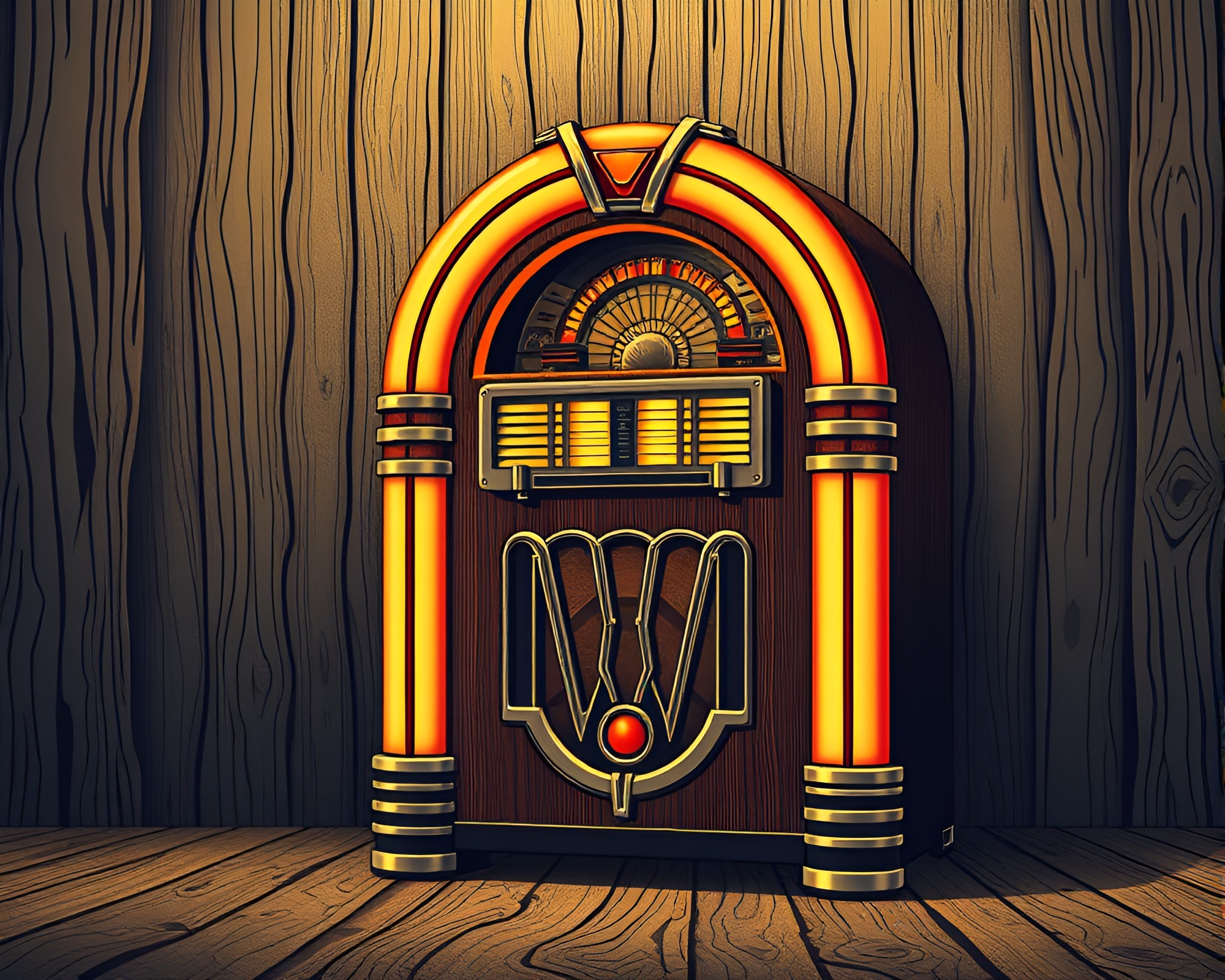 Retro jukebox with bronze wood grain design – free AI stock image