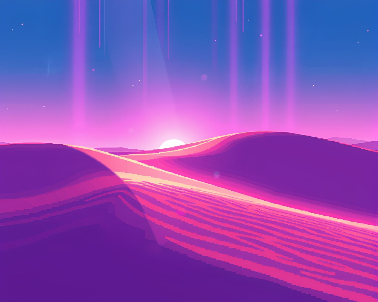 Vibrant hyper-saturated pixel art scene of glowing sand dunes