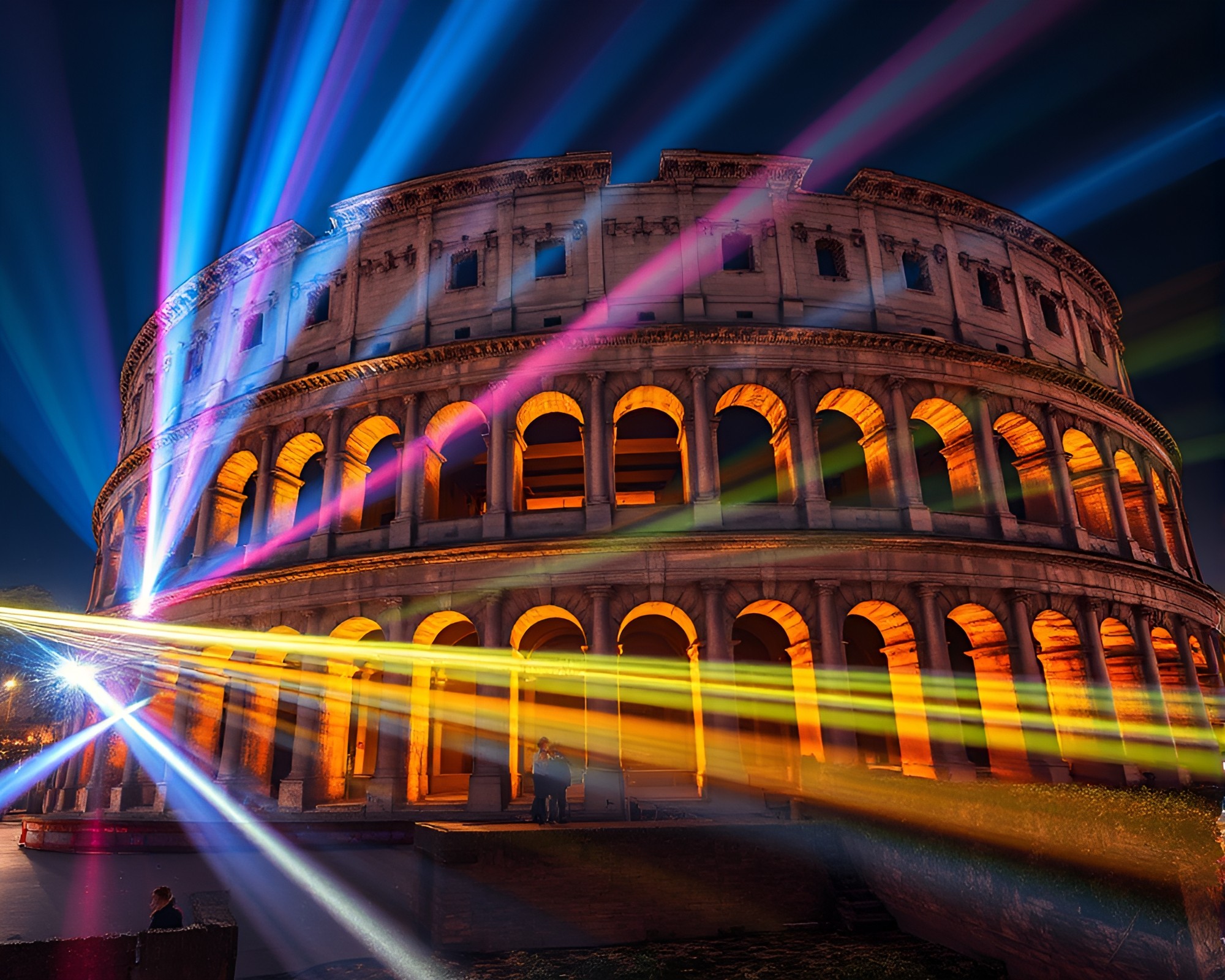 Iridescent Laser Beams Lighting Roman Coliseum Spectacle – free AI stock image