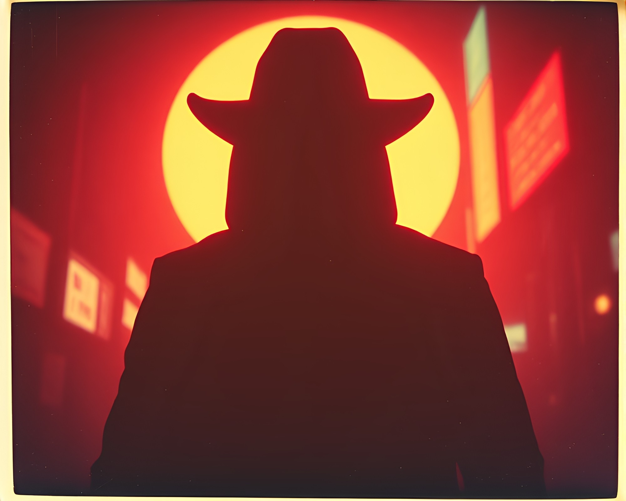 Cyberpunk Vigilante in Vintage Polaroid Style Silhouette – free AI stock image