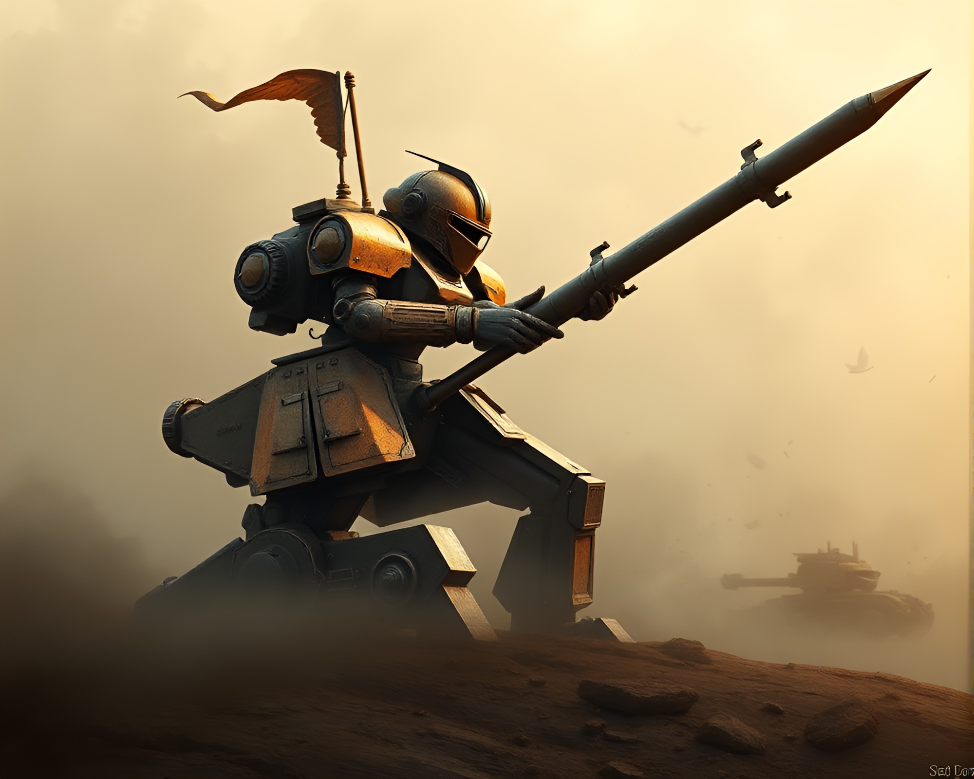 Bronze Patina Battle Mech in Dreamy Haze – free AI stock image