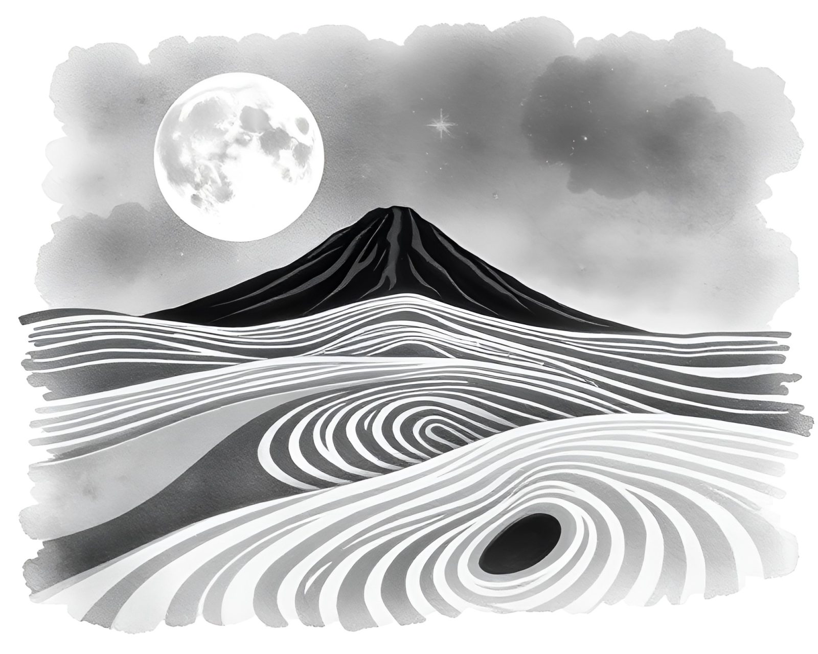 Watercolor of volcanic island with sand swirl patterns in gray scale