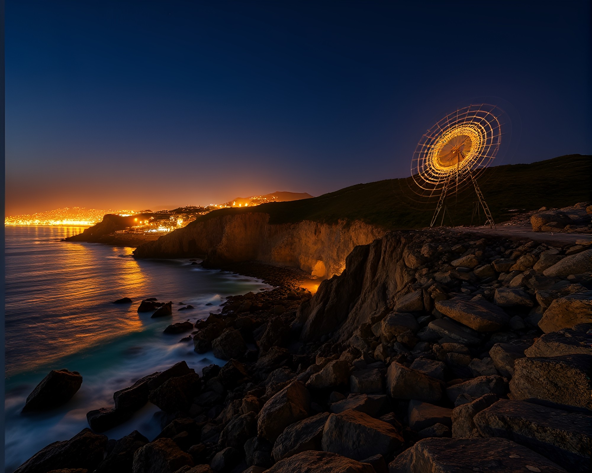 Golden Spiral Shoreline: City Lights Reflecting on Rocky Coastline – free AI stock image