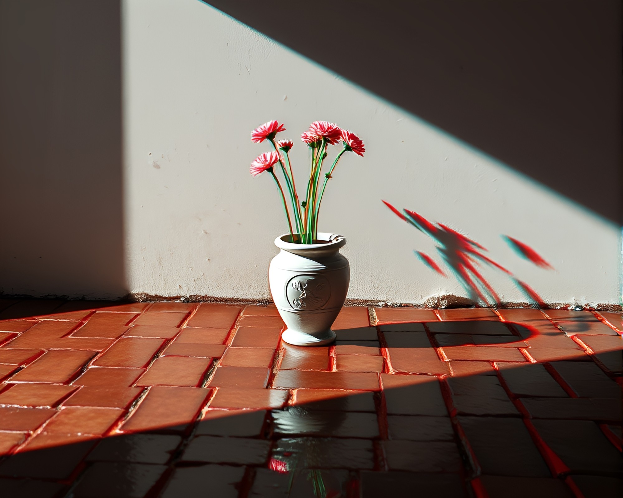 Reflective Vase on Shadowed Wet Pavement – free AI stock image