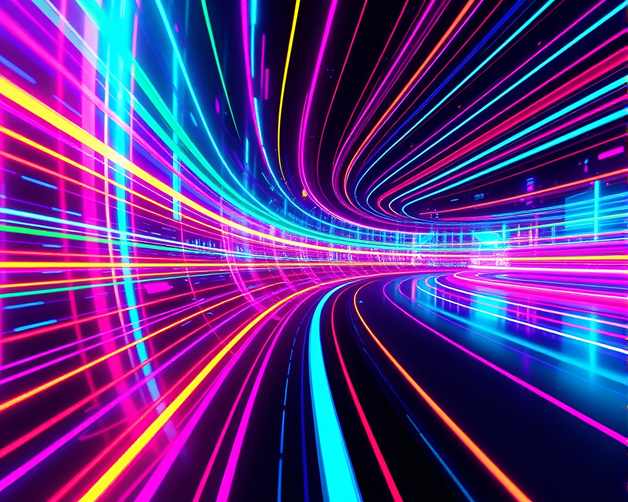 Futuristic Neon Cityscape with Glitching Digital Architecture – free AI stock image