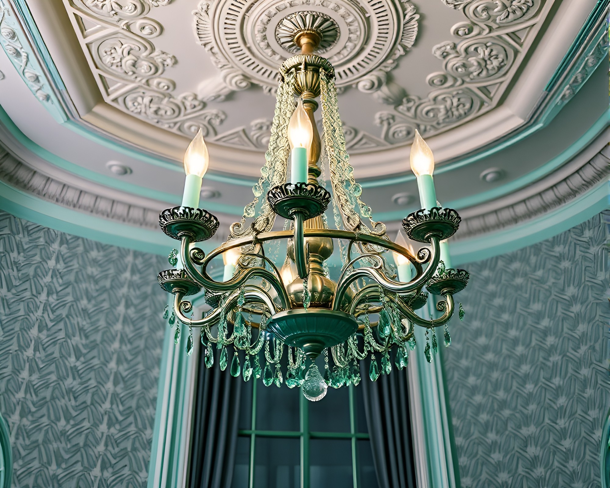 Elegant Victorian Chandelier in Mint Green Crosshatch – free AI stock image