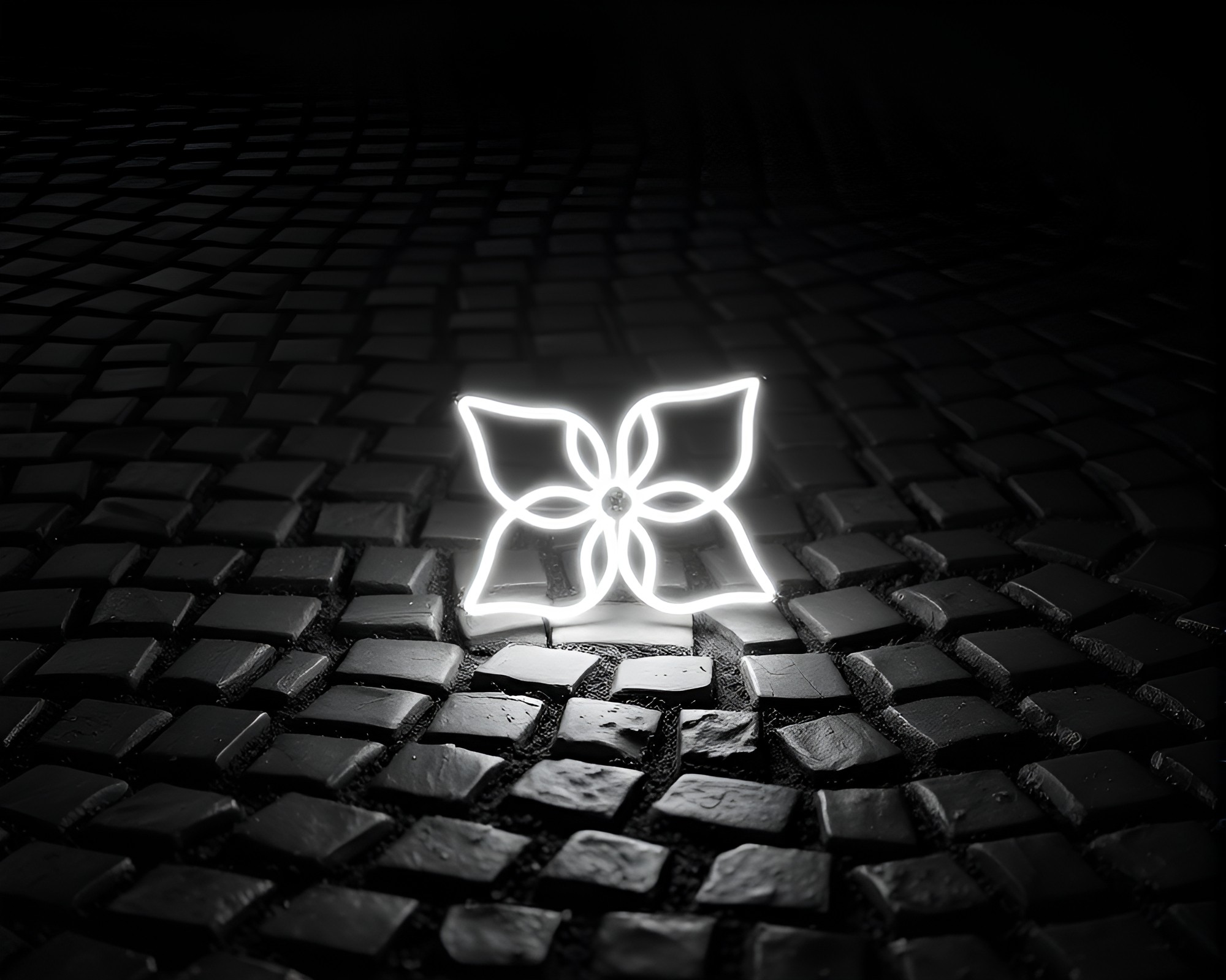 Neon Origami Flower on Cobblestone Path – free AI stock image