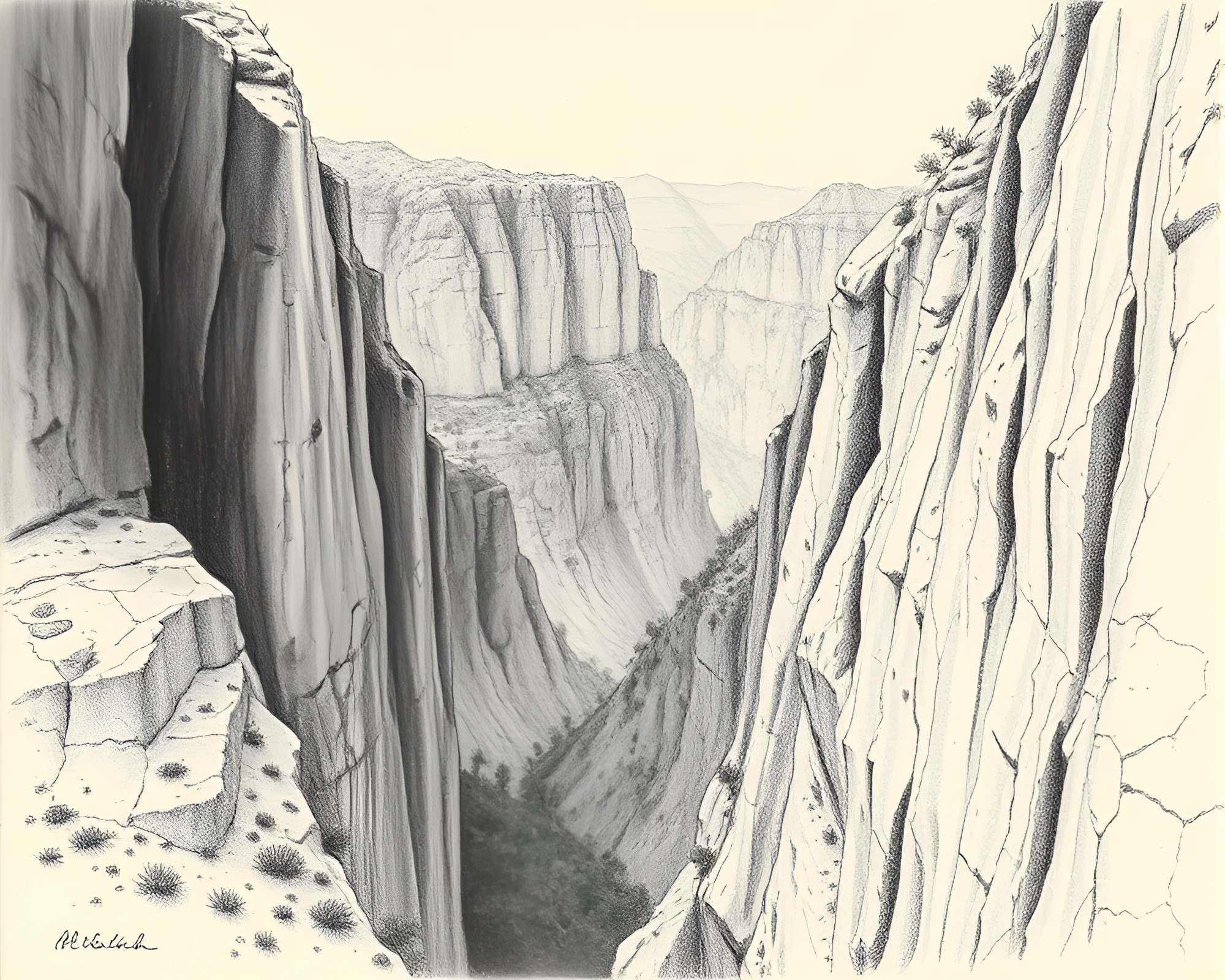 Eroded Canyon Conté Crayon Drawing Composition – free AI stock image