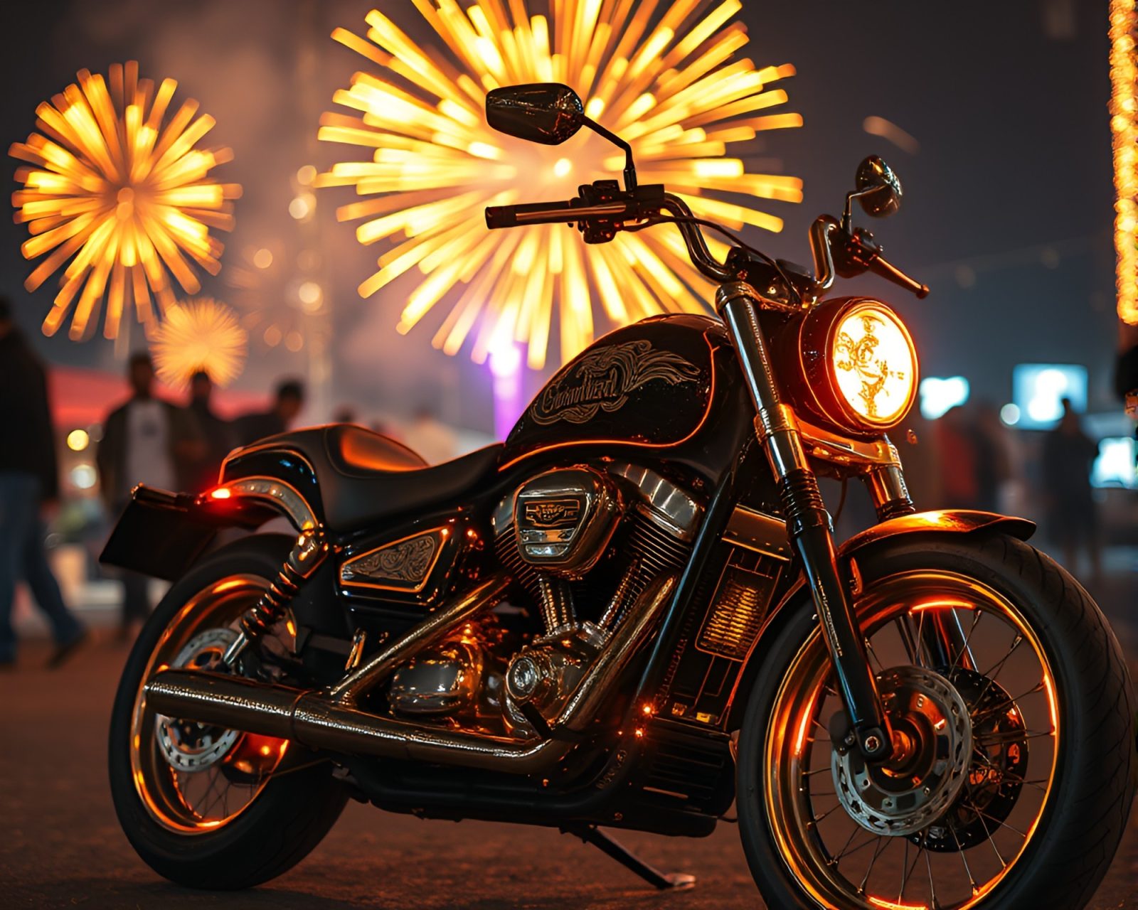 Glowing cybernetic motorcycle adorned with festival fireworks engravings