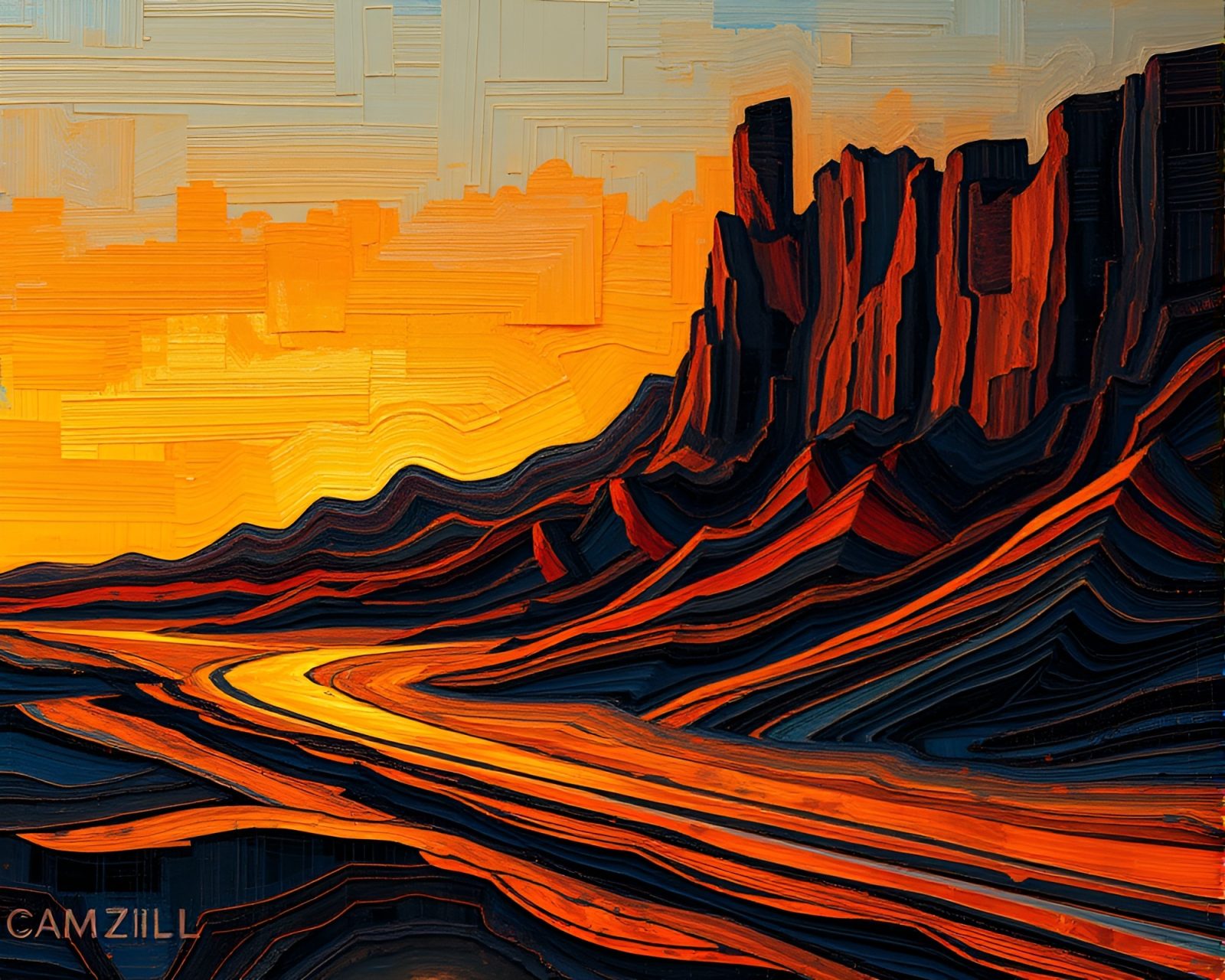 Abstract cello painting with glitch effect under bonfire light