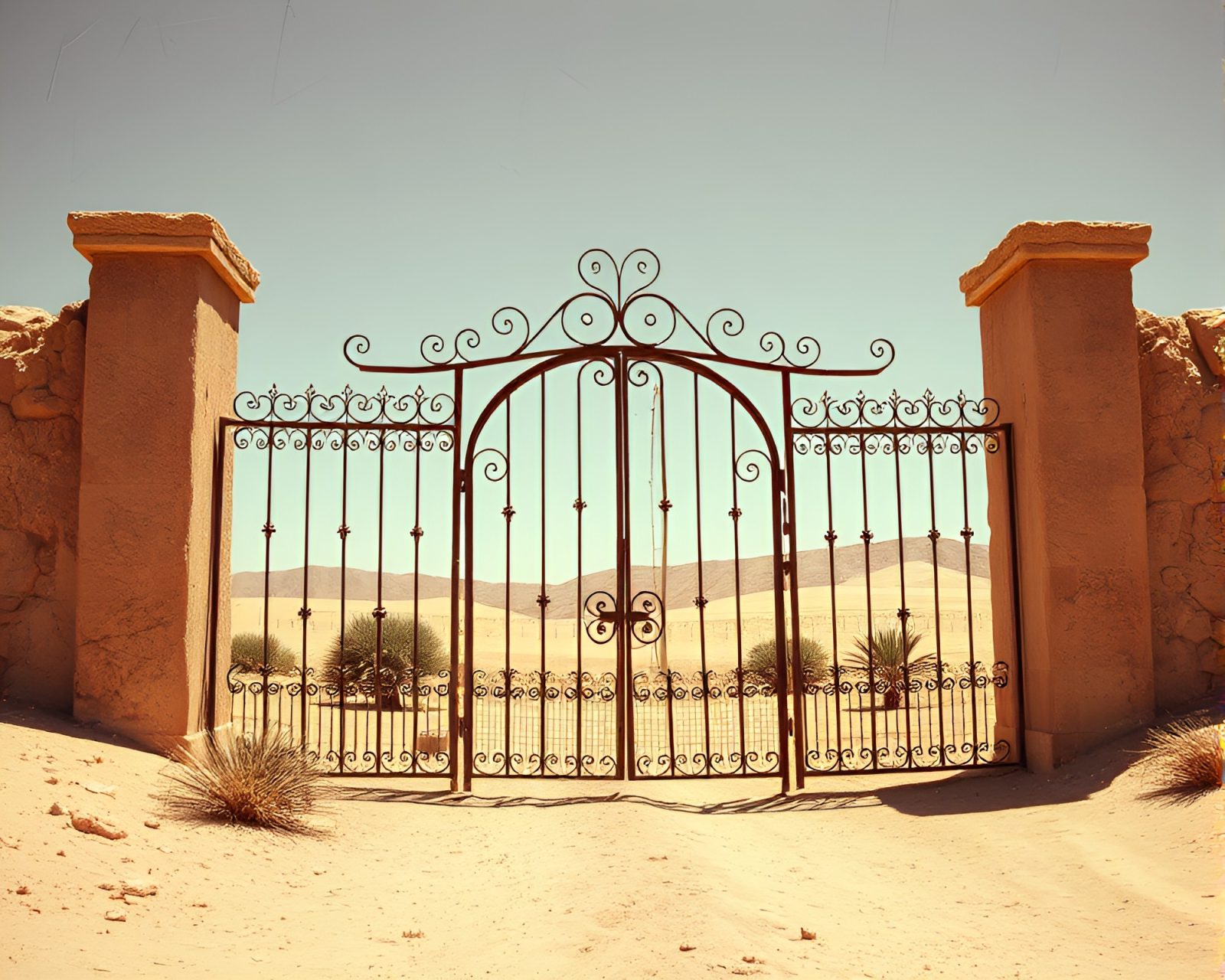 Abstract vaporwave art of intricate iron gate in sandy tones