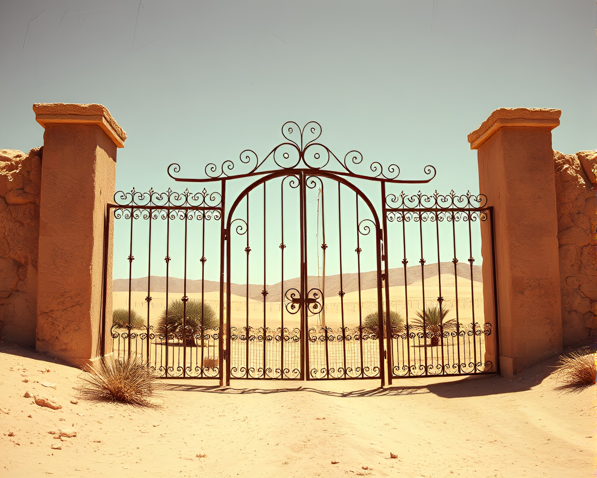 Wrought Iron Gate in Vaporwave Desert Hues – free AI stock image