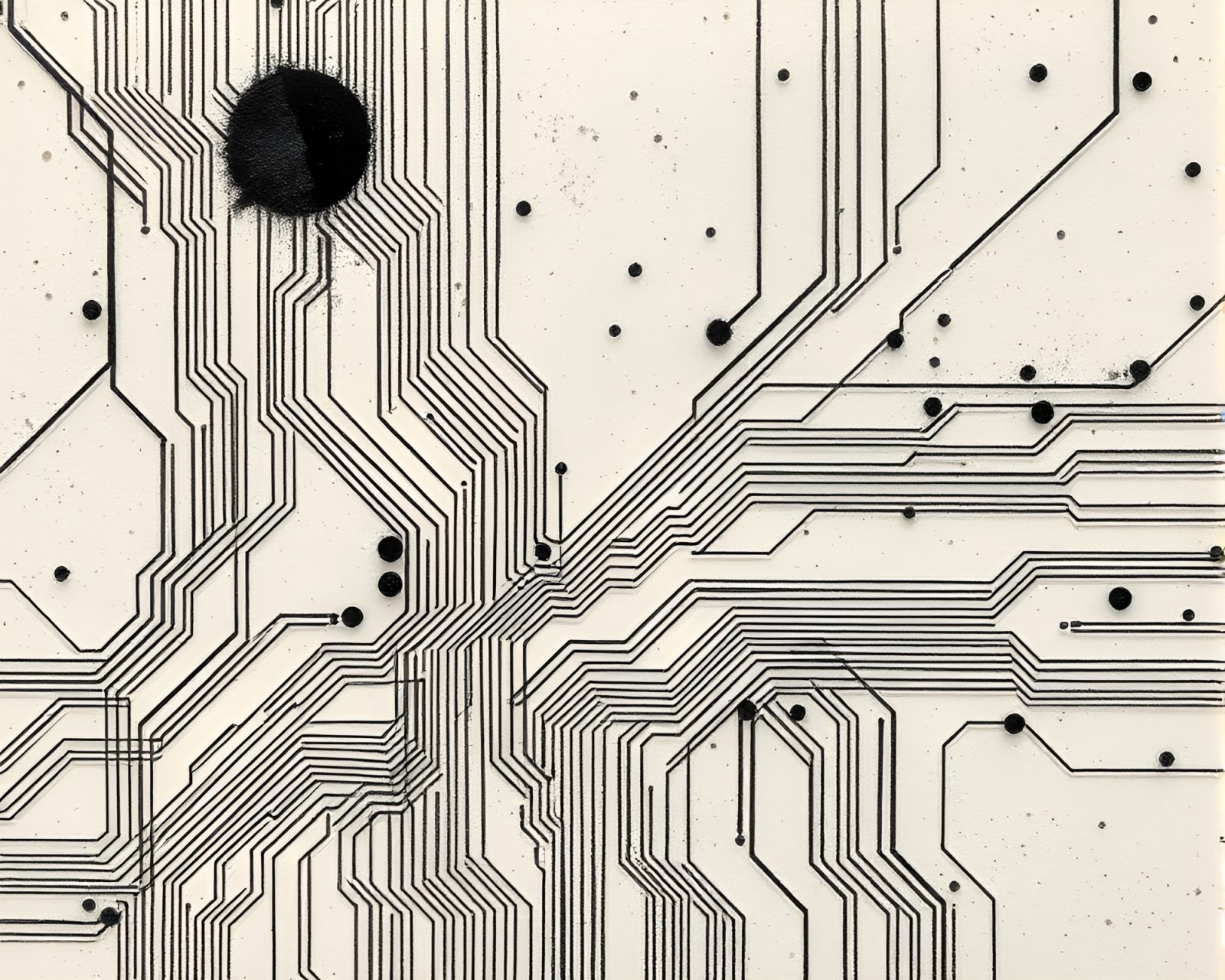 Sumi-e brushwork of circuit board traces on grass