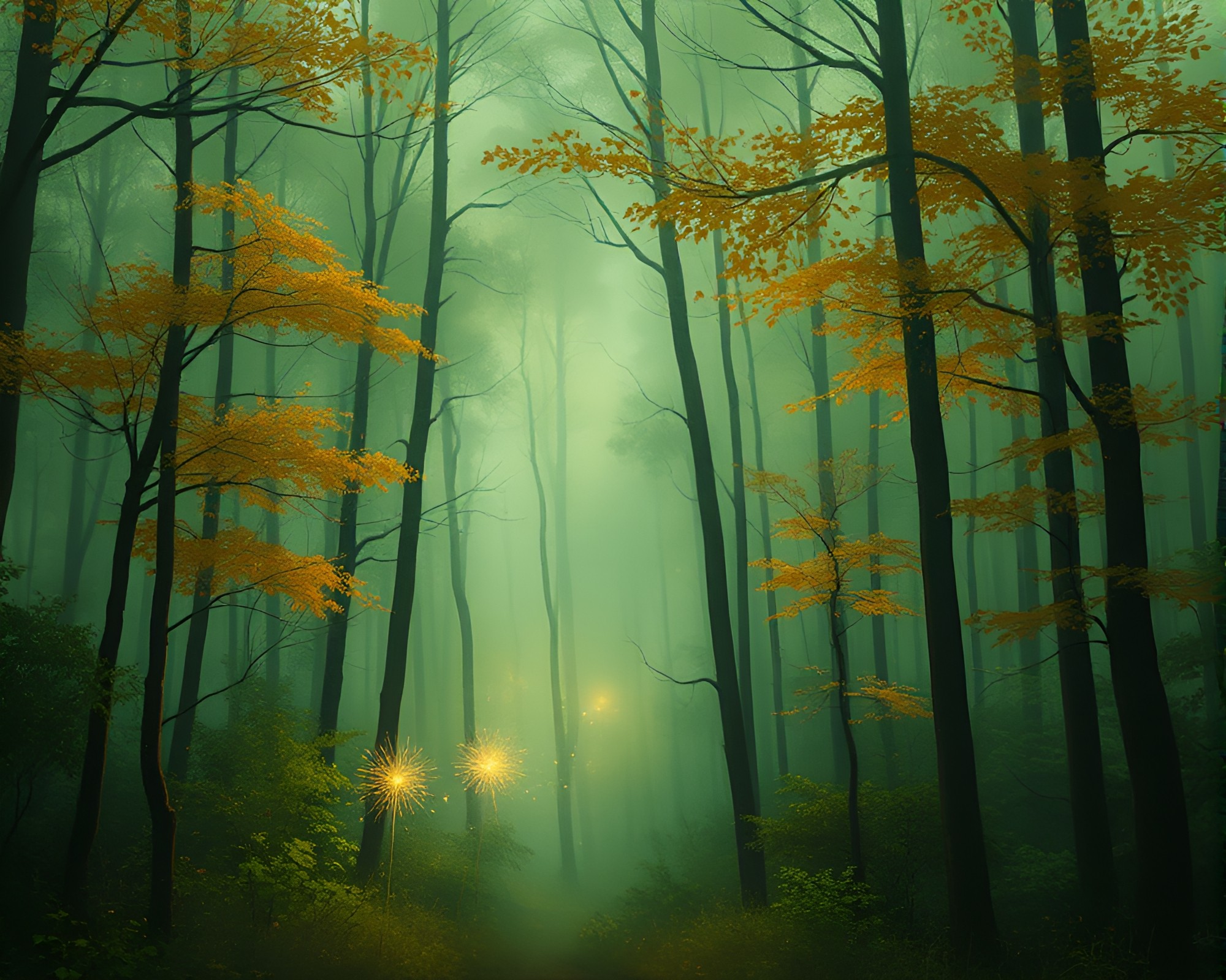 Enchanting Autumn Forest Sparkler Trails – free AI stock image