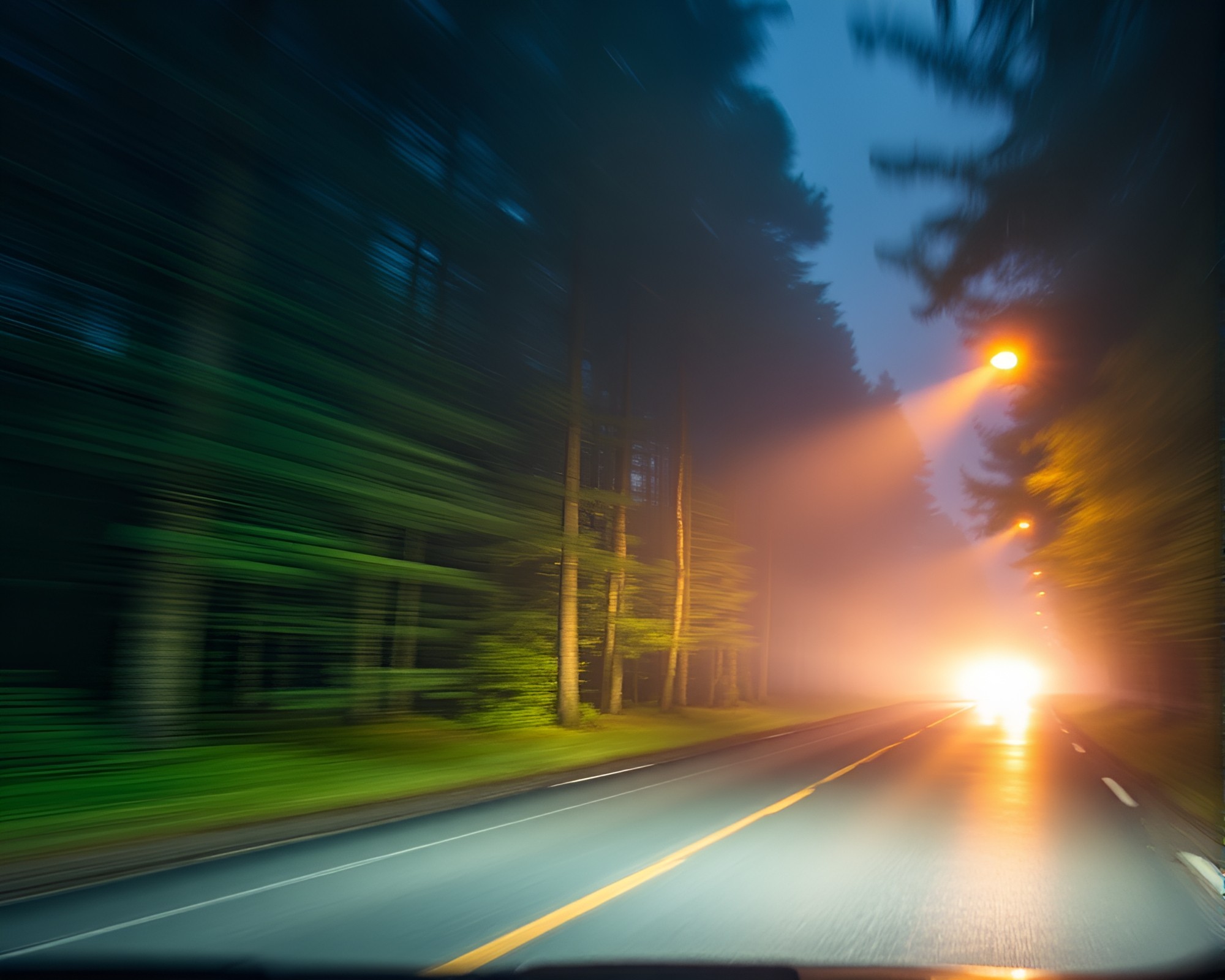 Enchanting Holographic Car Light Trails in Forest – free AI stock image