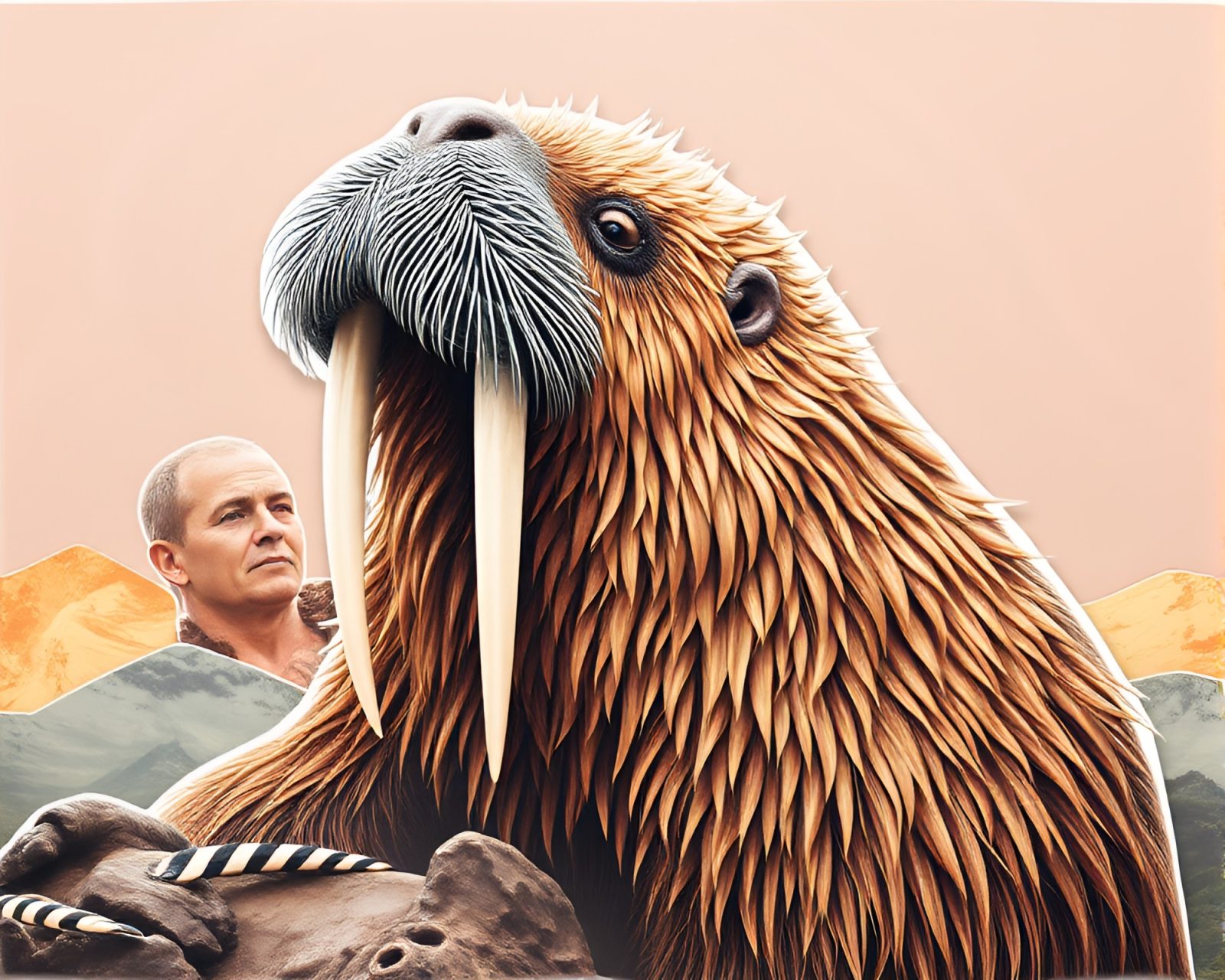 A dreamy haze scene with hair-simulated walrus cutouts.