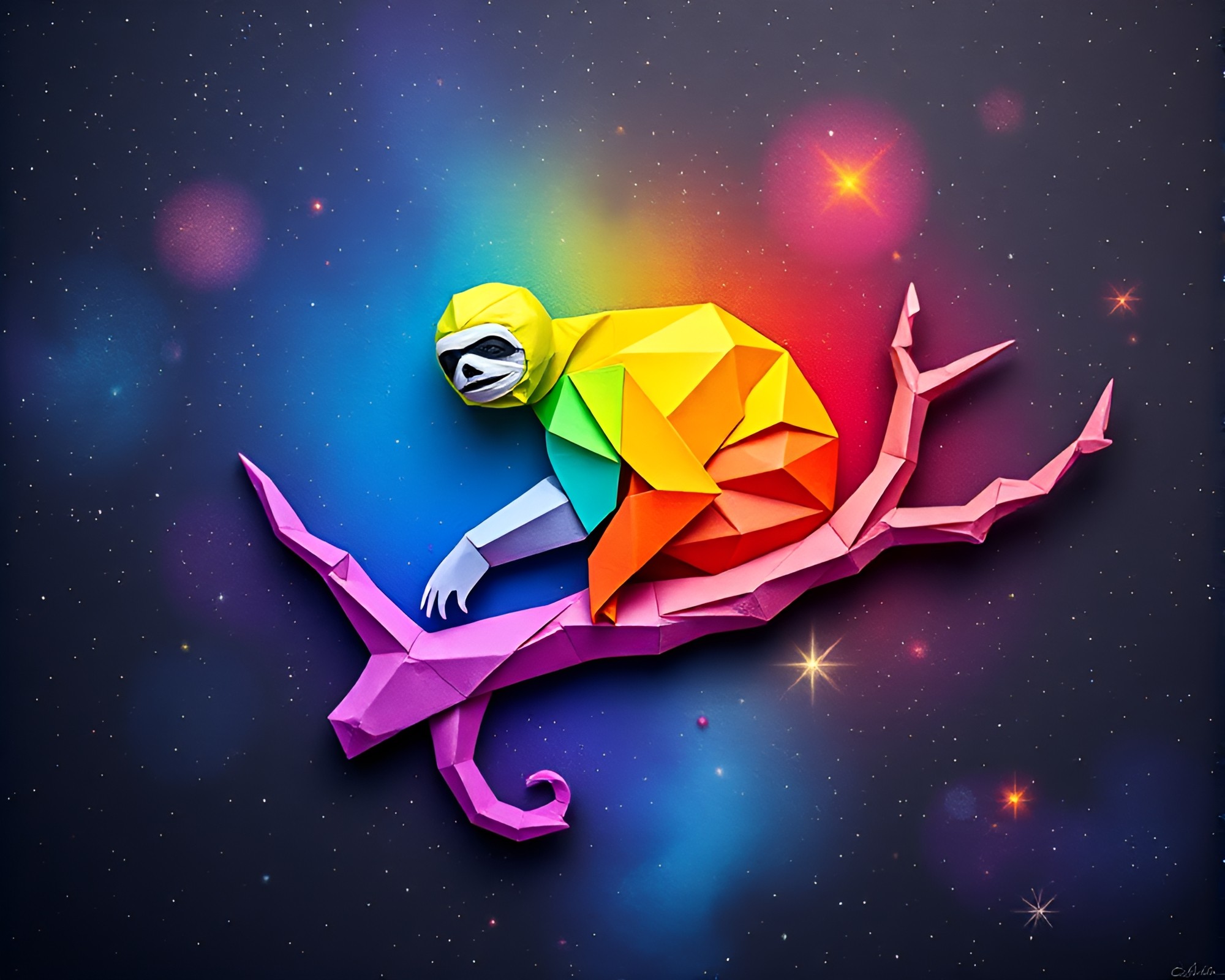 Cosmic Rainbow Sloth in Origami Centerpiece – free AI stock image