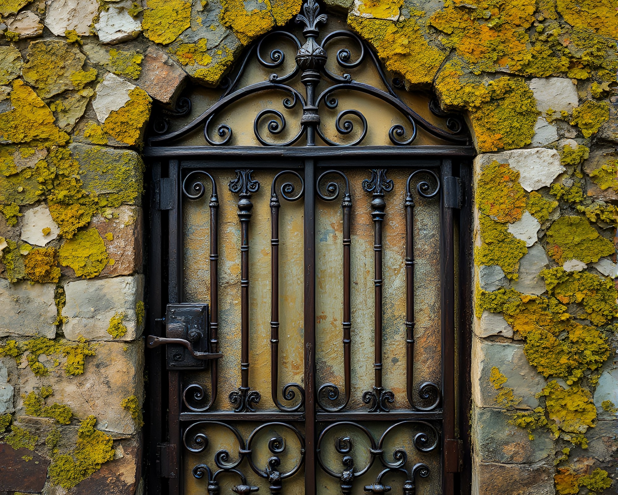 Mystical Lichen Texture on Wrought Iron Gate – free AI stock image