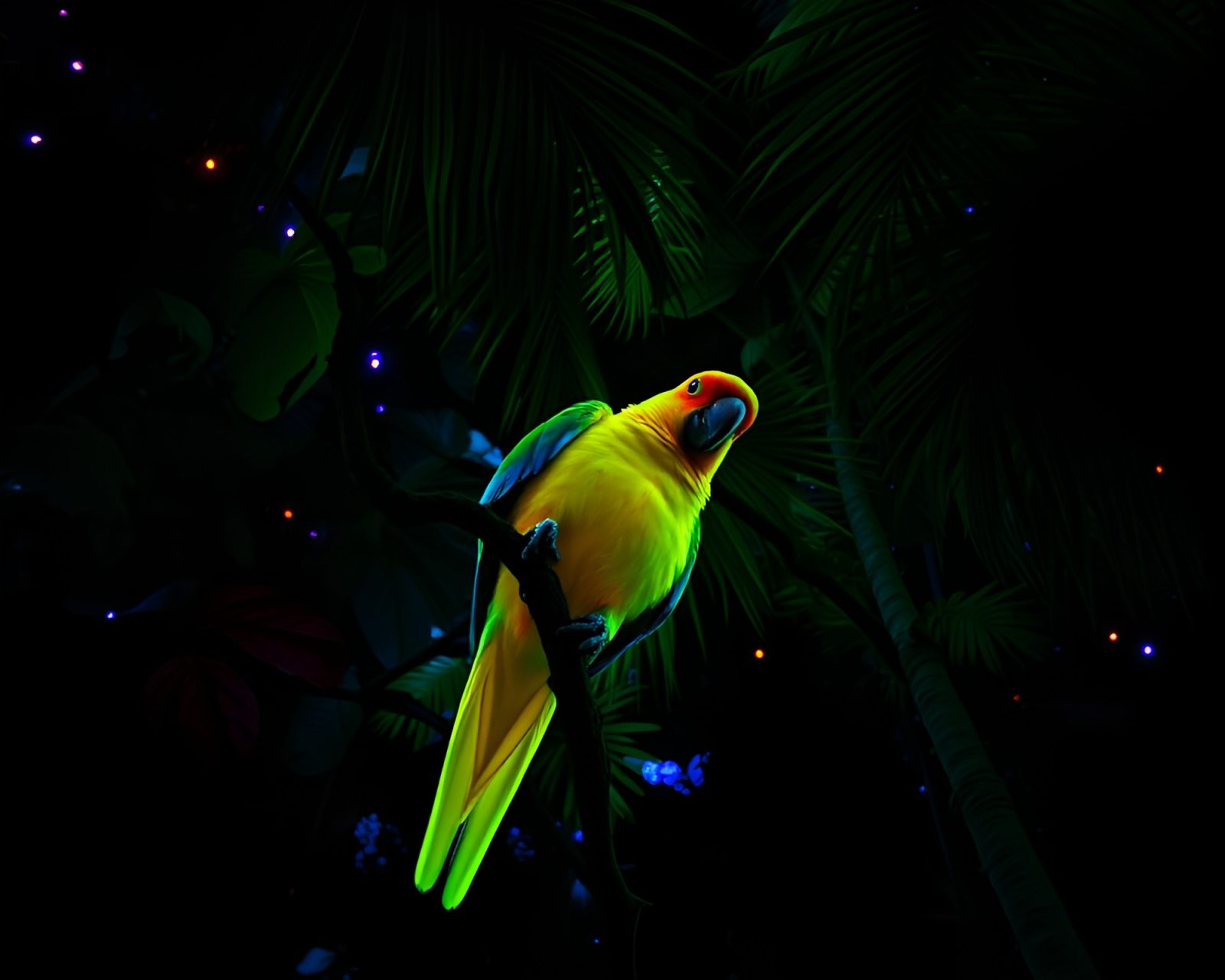 Vibrant parrot glowing in lush tropical screen print scenery