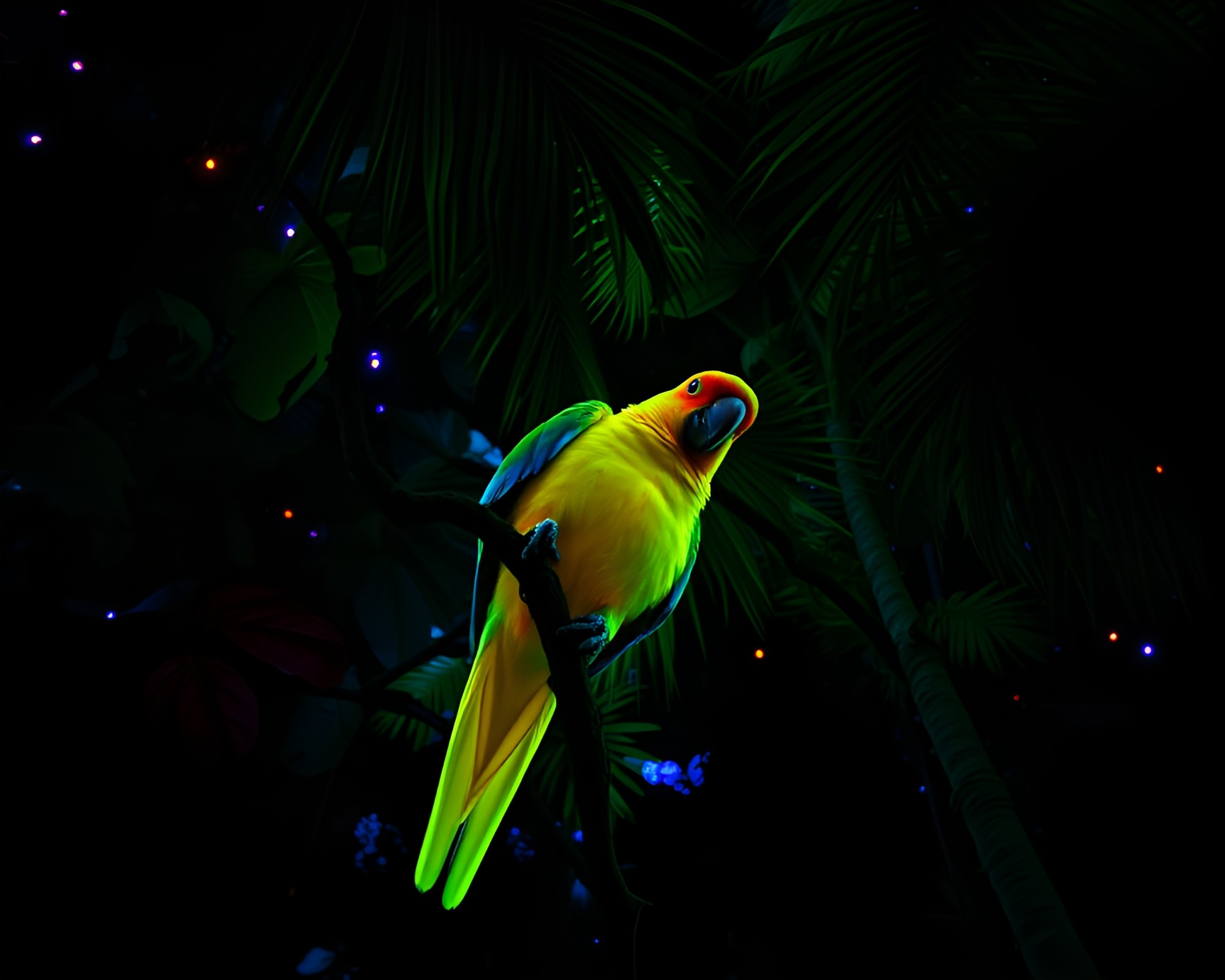 Bioluminescent Parrot in Tropical Screen Print Setting – free AI stock image