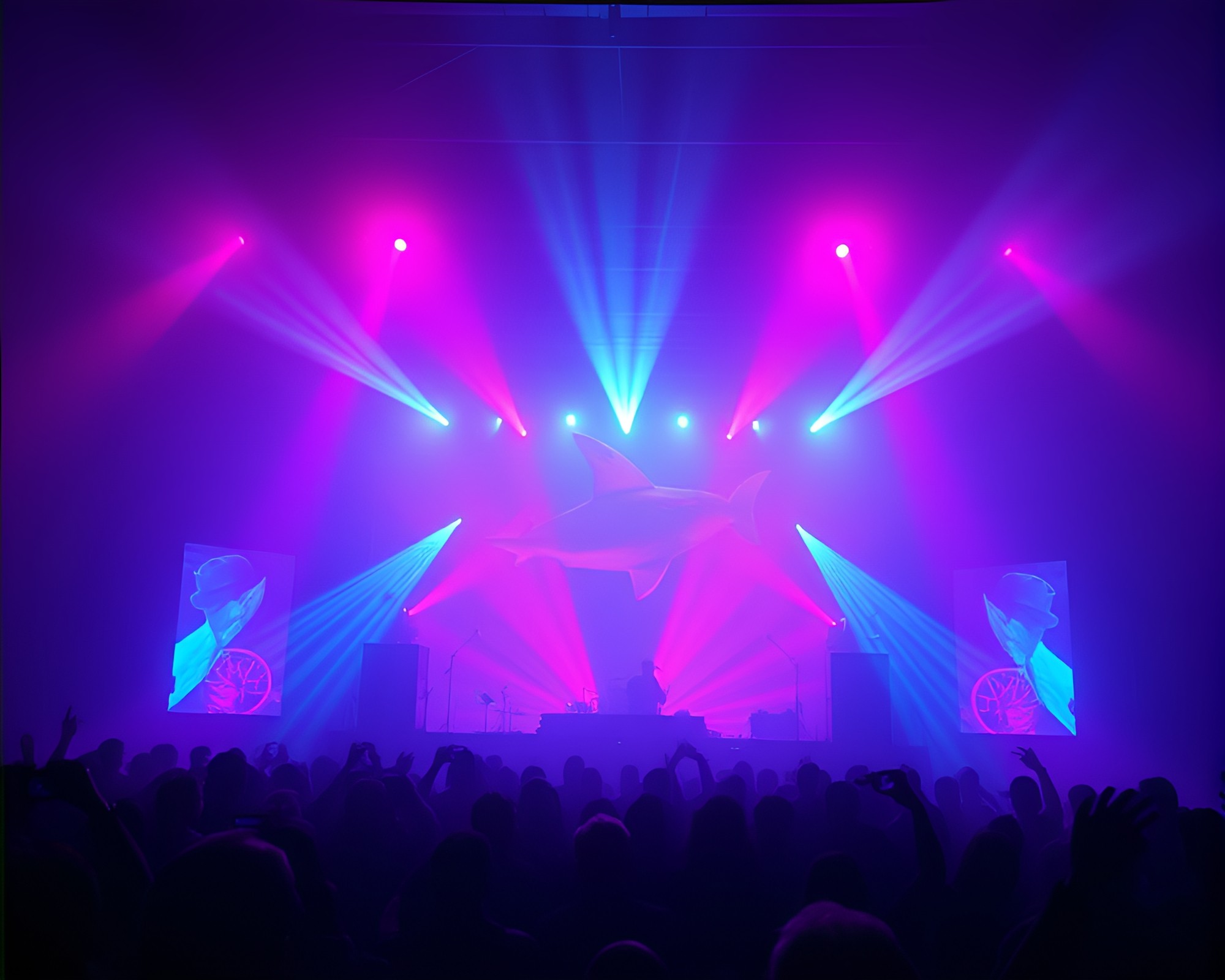 Foggy Shark Concert Stage in Vaporwave Style – free AI stock image