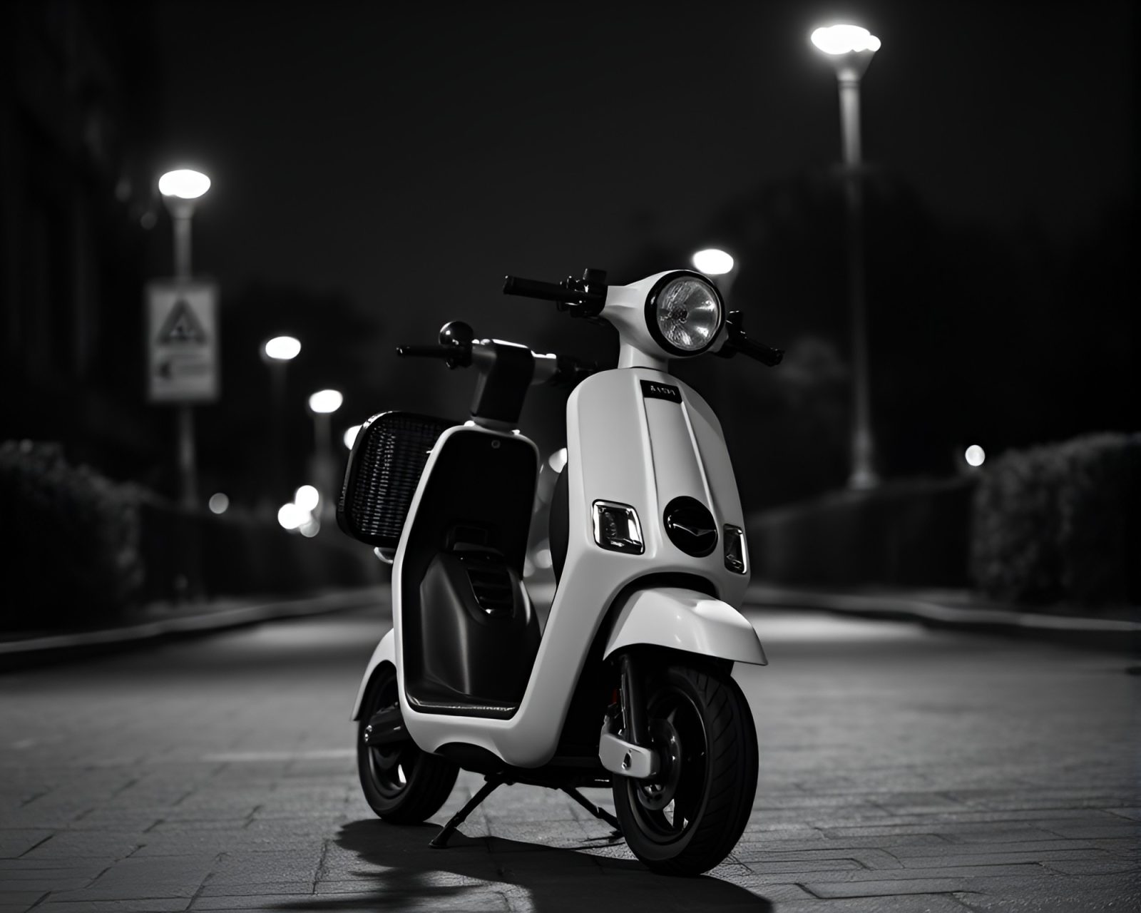 High-quality photo of an electric scooter in grayscale moonlight