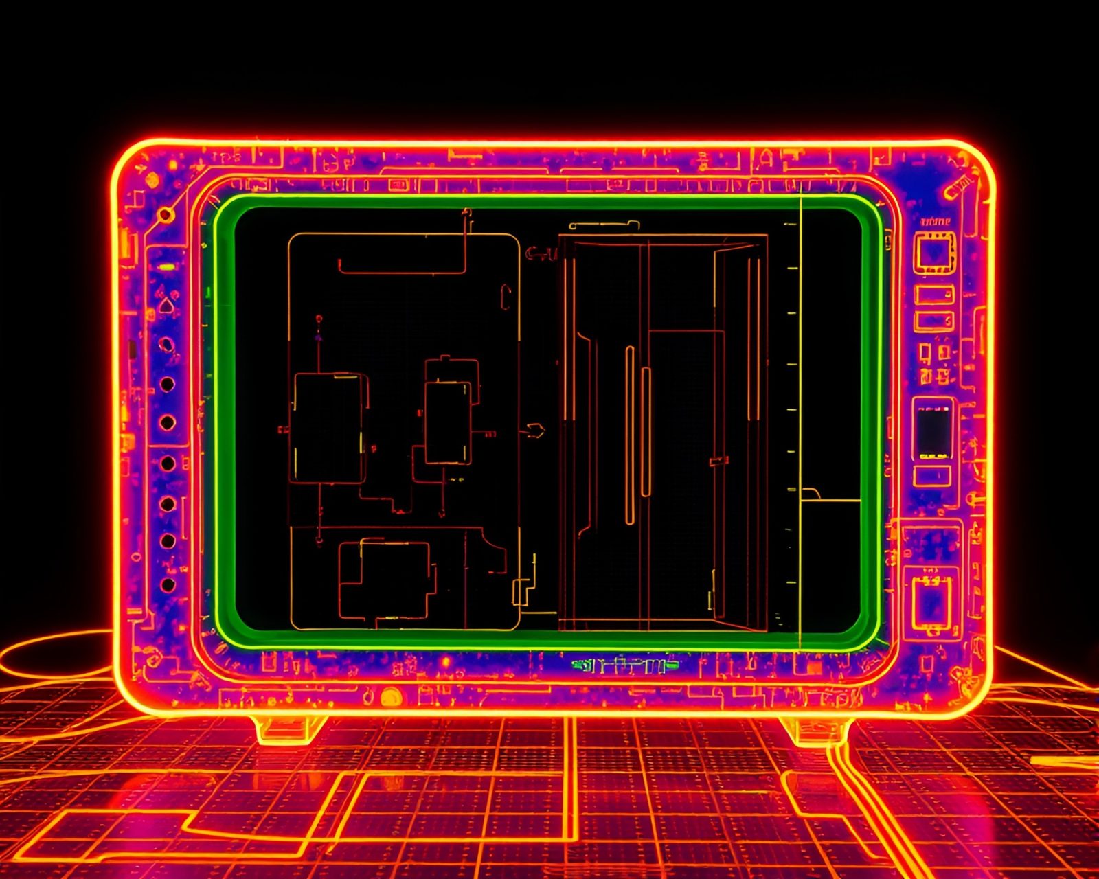 Futuristic neon wireframe of a quantum computer in thermal hues