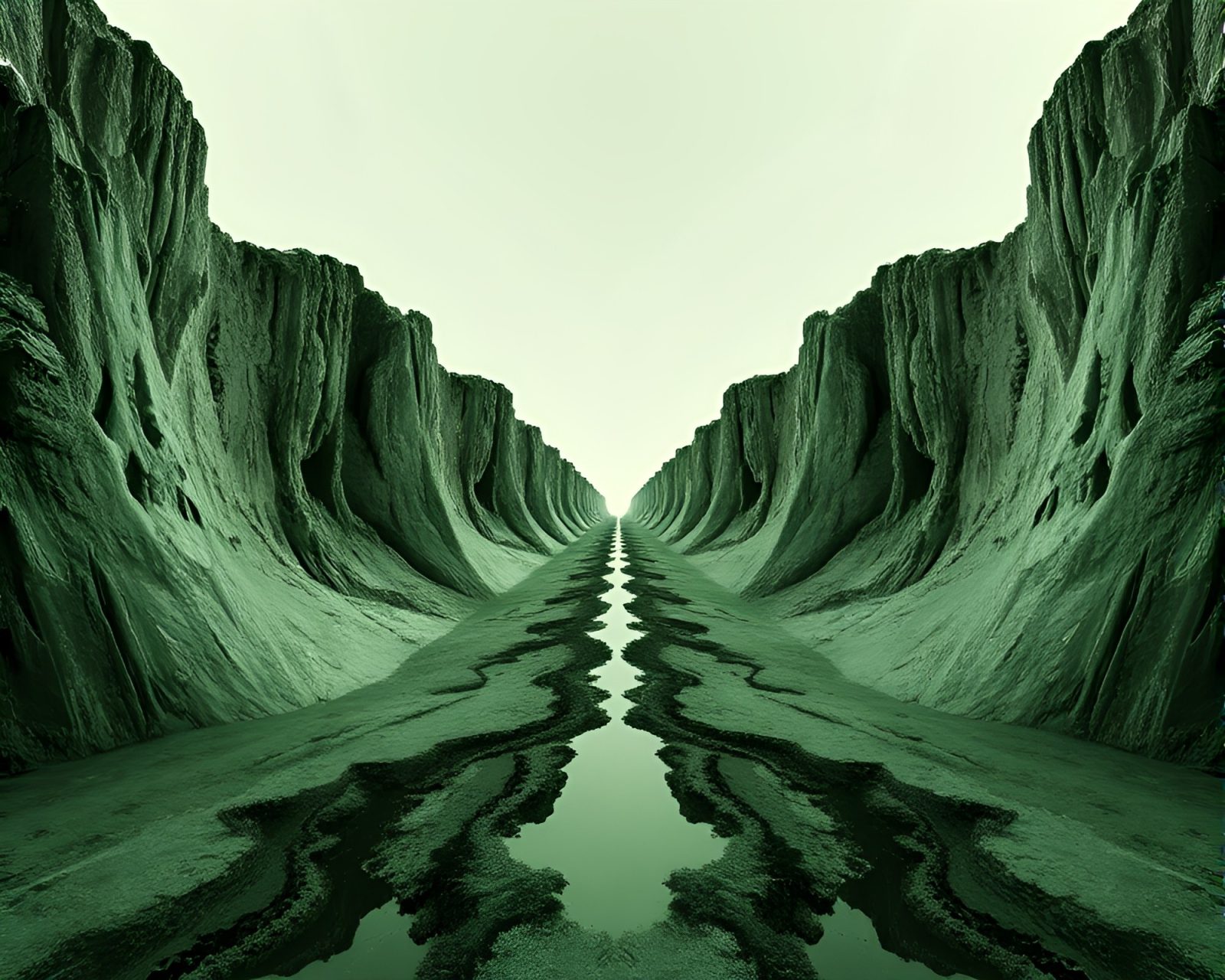 Mirror-symmetry cliff reflecting in monochrome green, path-traced scene