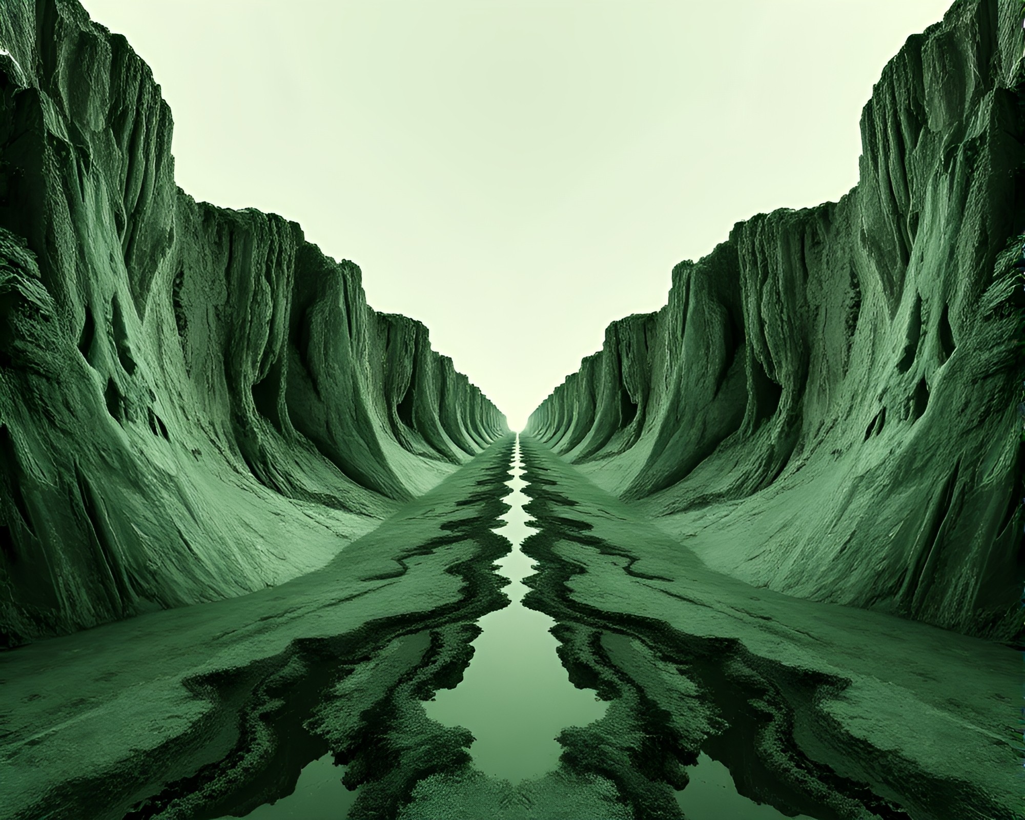 Symmetrical Cliff Reflections in Monochrome Green Path Tracing – free AI stock image