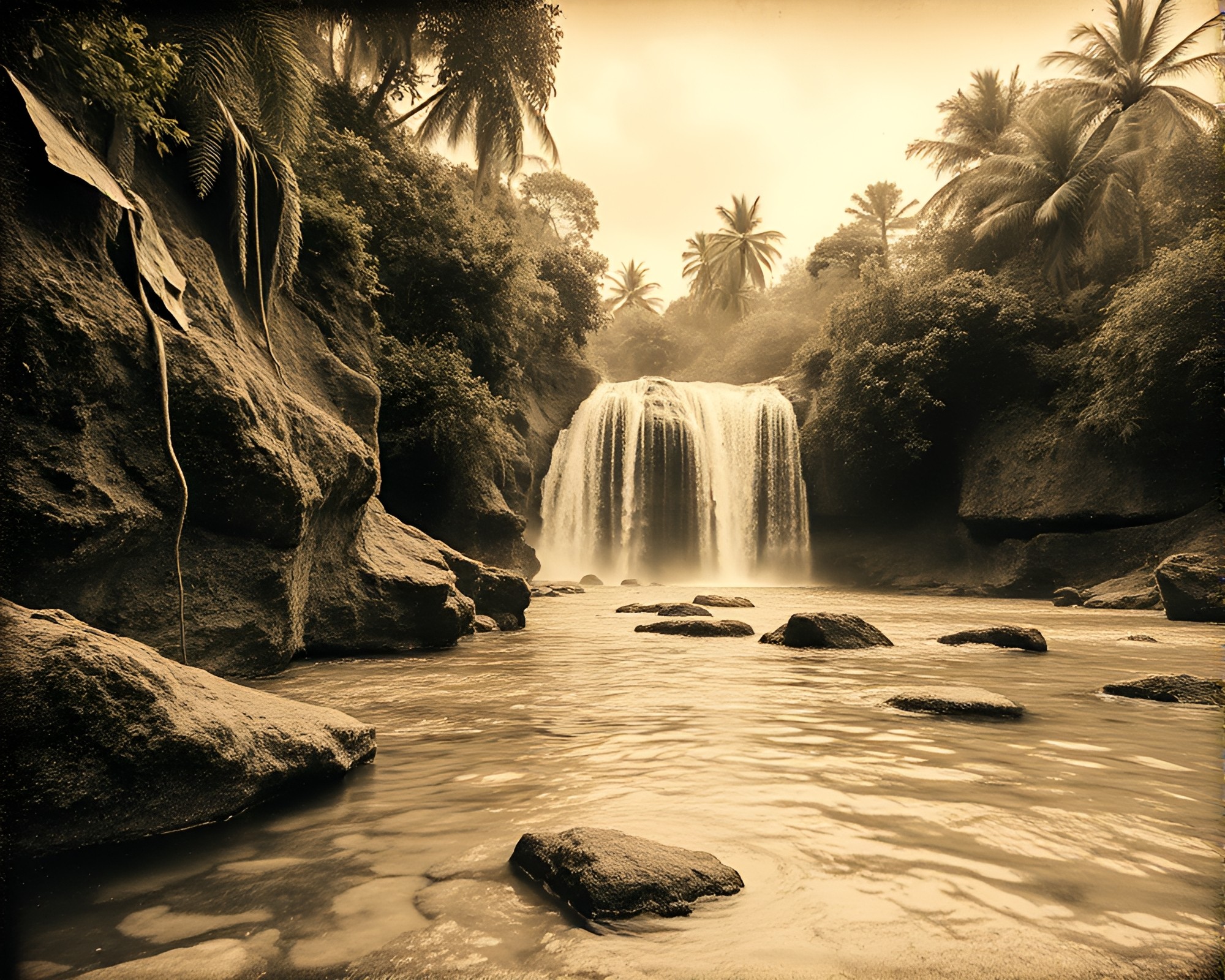 Tropical Waterfall Through Sepia-Toned Glass Beads – free AI stock image