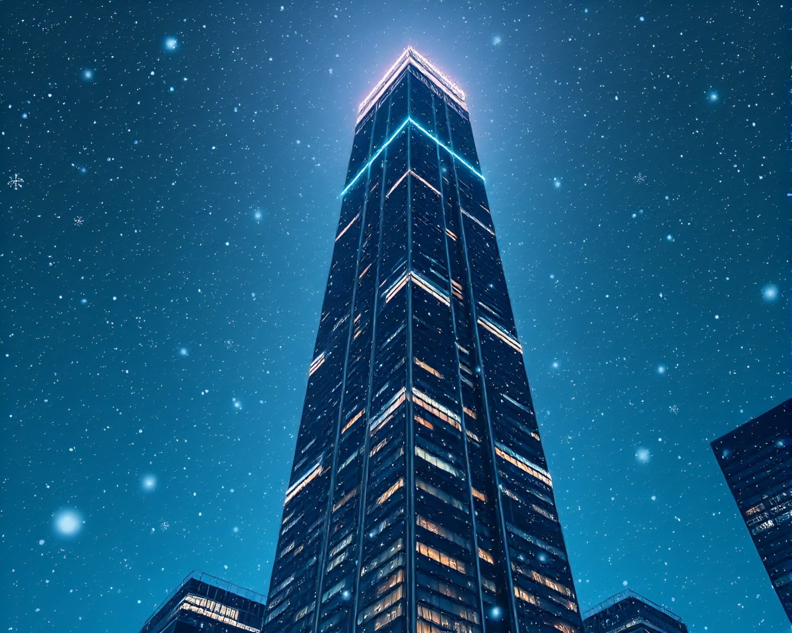 Snowflakes in a bioluminescent glow by a skyscraper at night