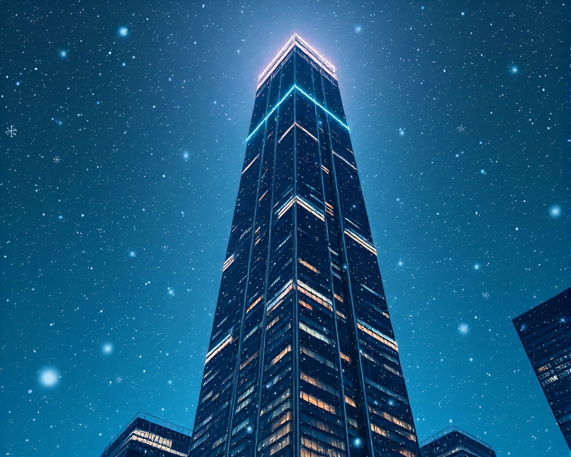 Bioluminescent Snowflakes Illuminate Urban Skyscraper – free AI stock image