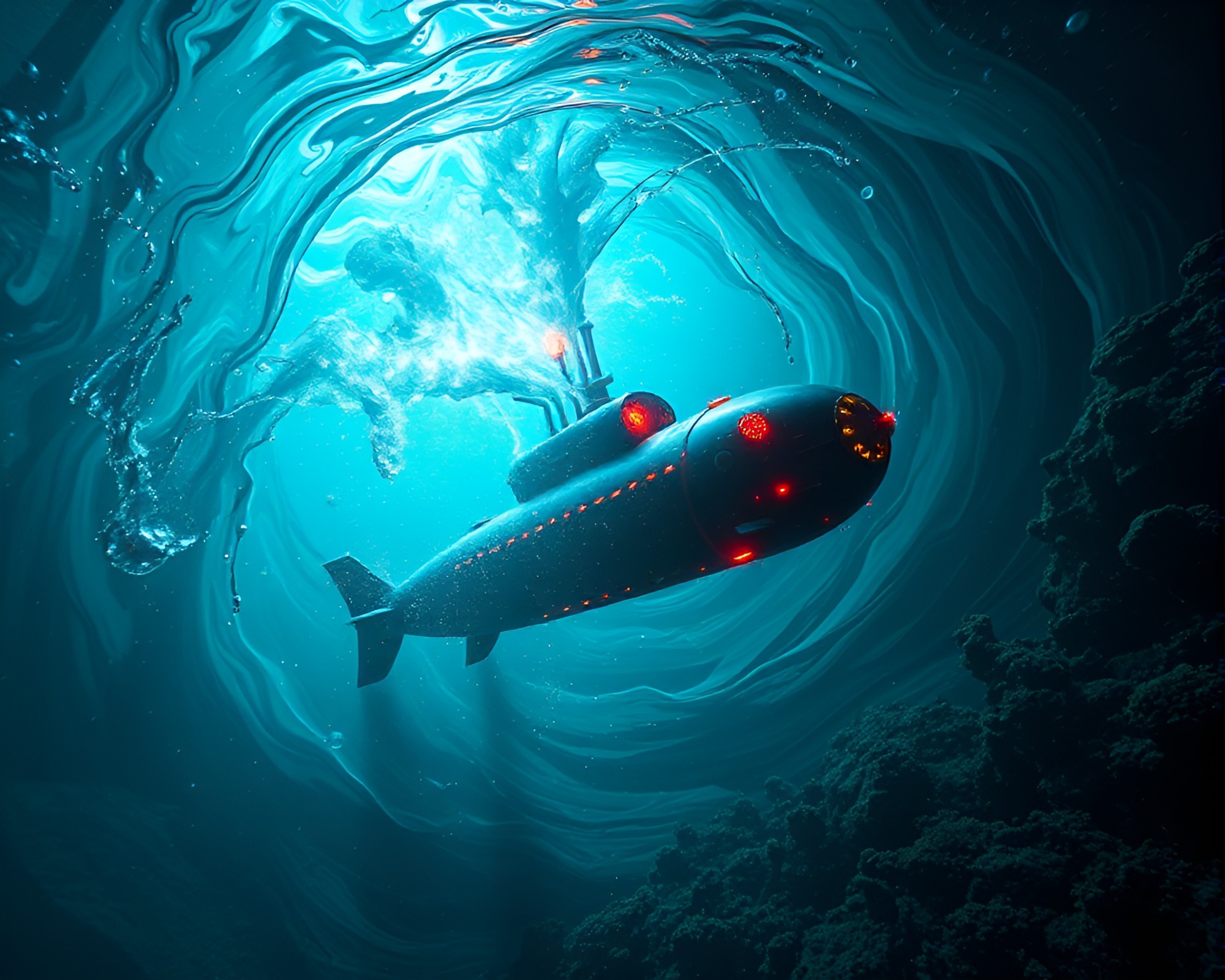 Underwater Submarine Swirling Vortex Synthwave – free AI stock image