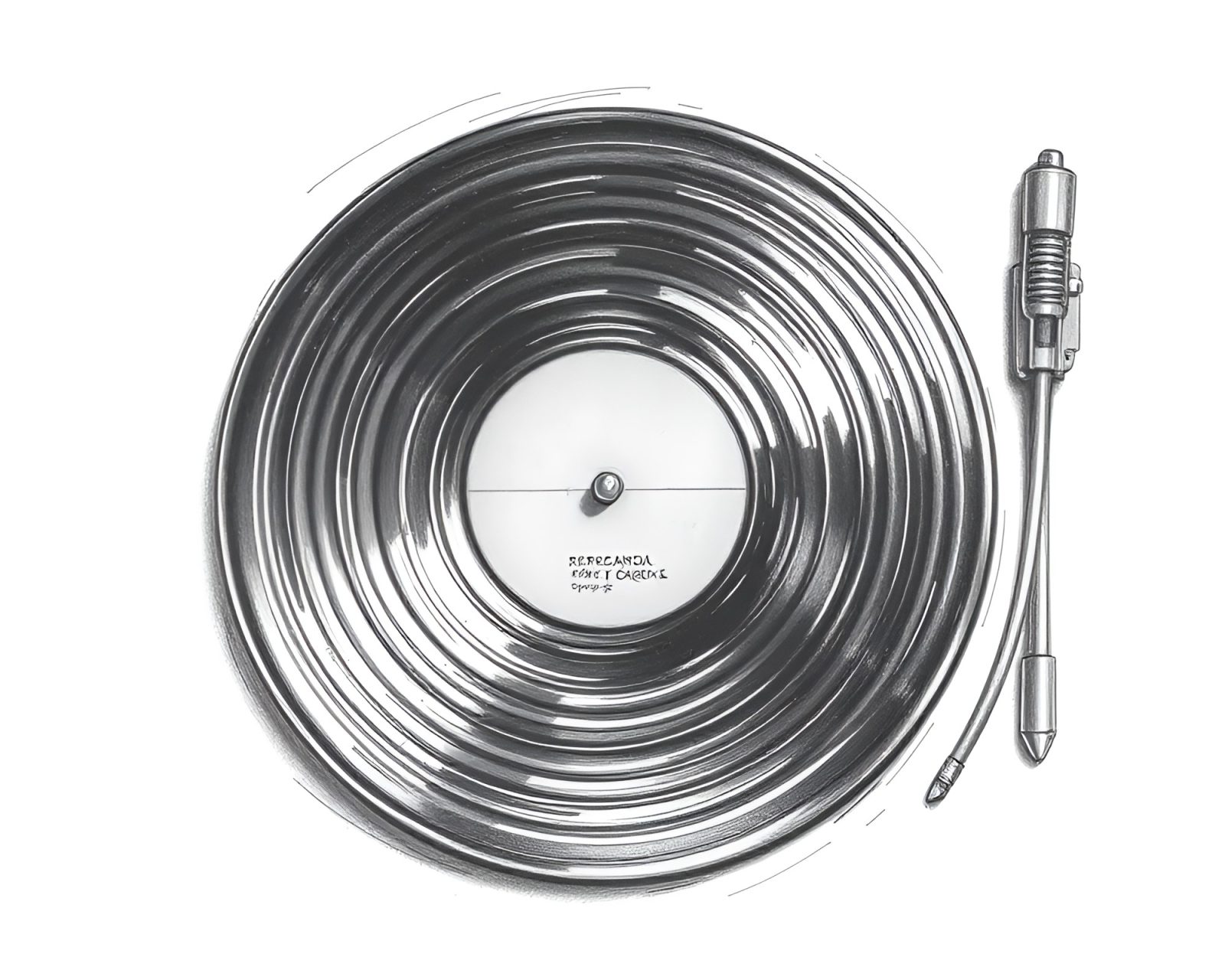 Retro pencil sketch of a vinyl record with shading strokes