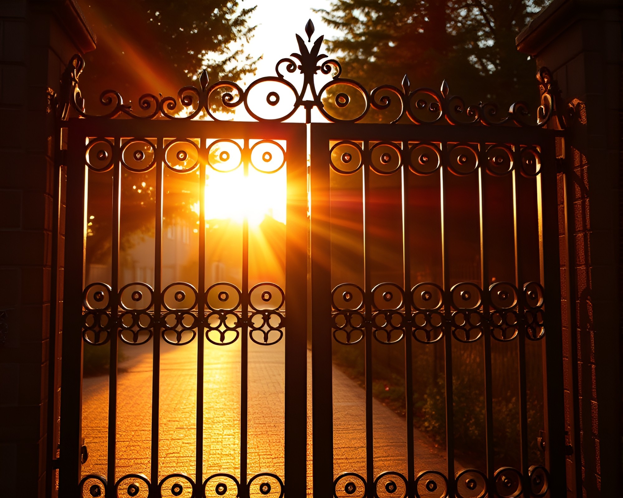 Rainbow Refraction through Wrought Iron Gate at Golden Hour – free AI stock image