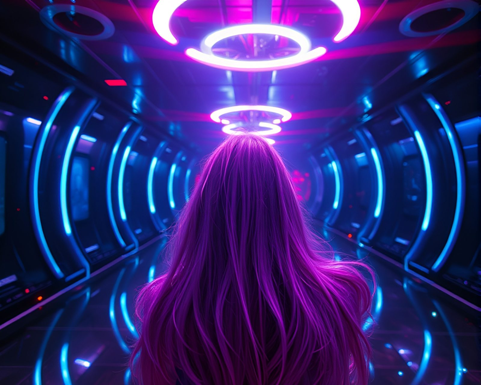 Vibrant strobe lights reflecting off mirror shard in space habitat
