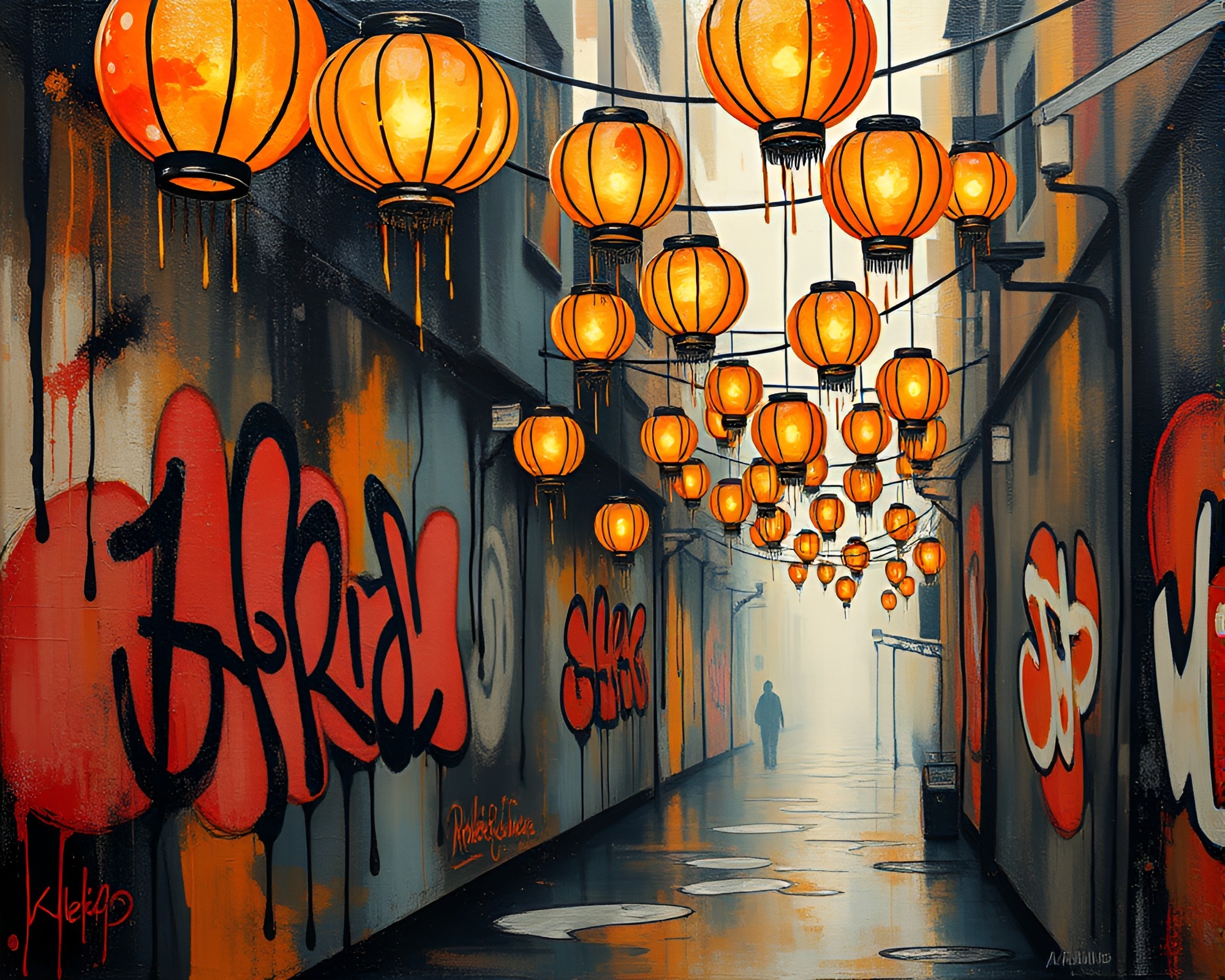 Cubist Lanterns: Rose Gold Graffiti Drips – free AI stock image