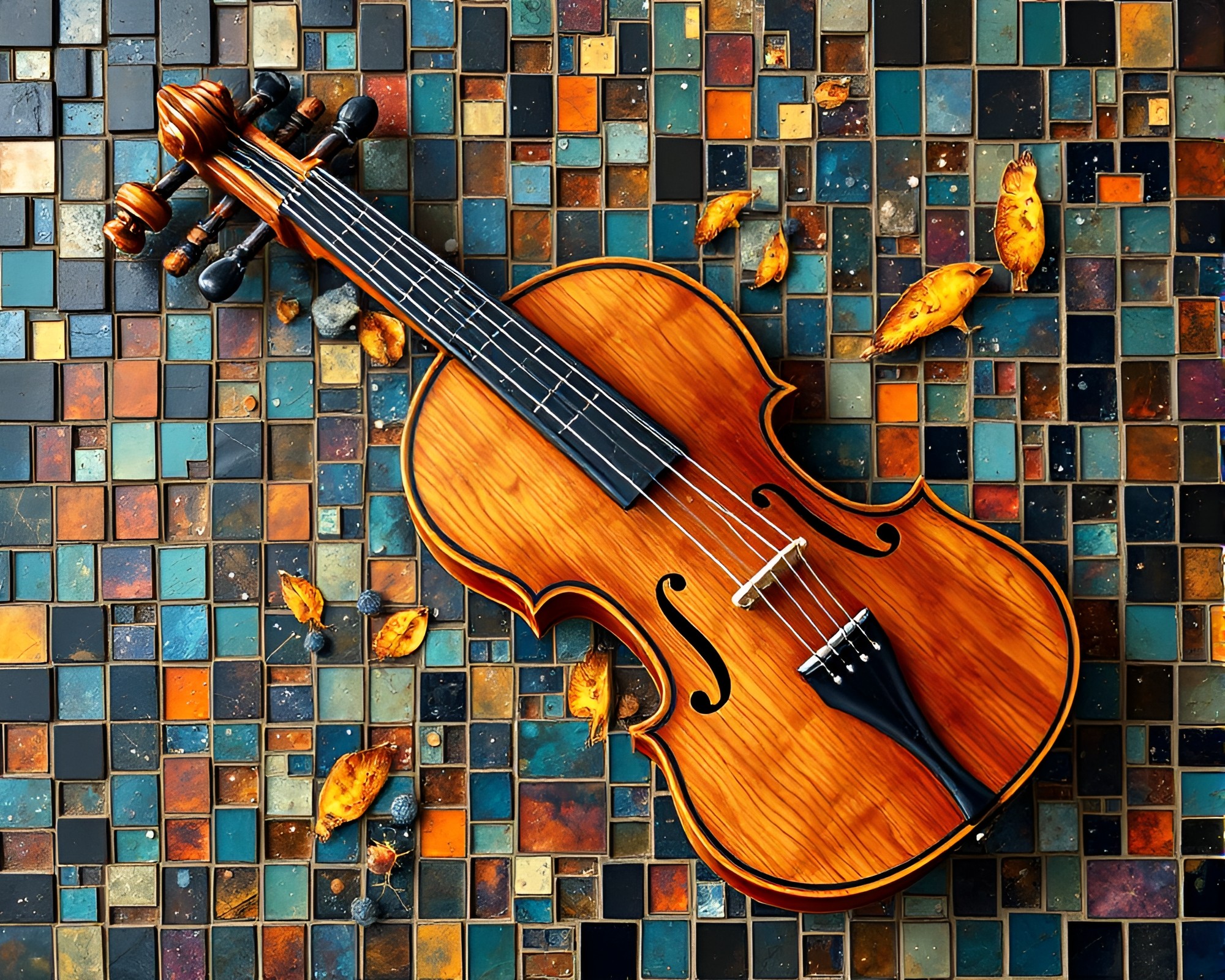 Intricate Wooden Violin Cosmic Mosaic – free AI stock image