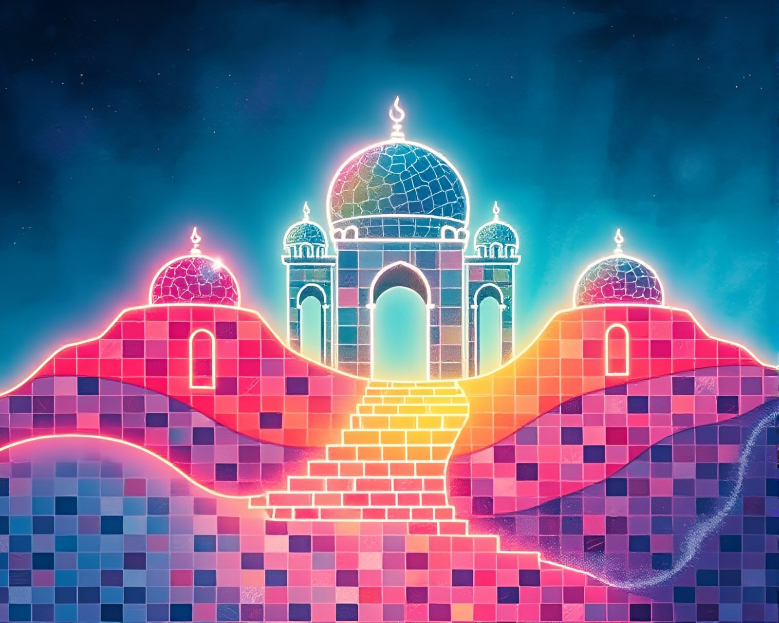 Colorful mosaic tiles forming intricate mind palace scene.