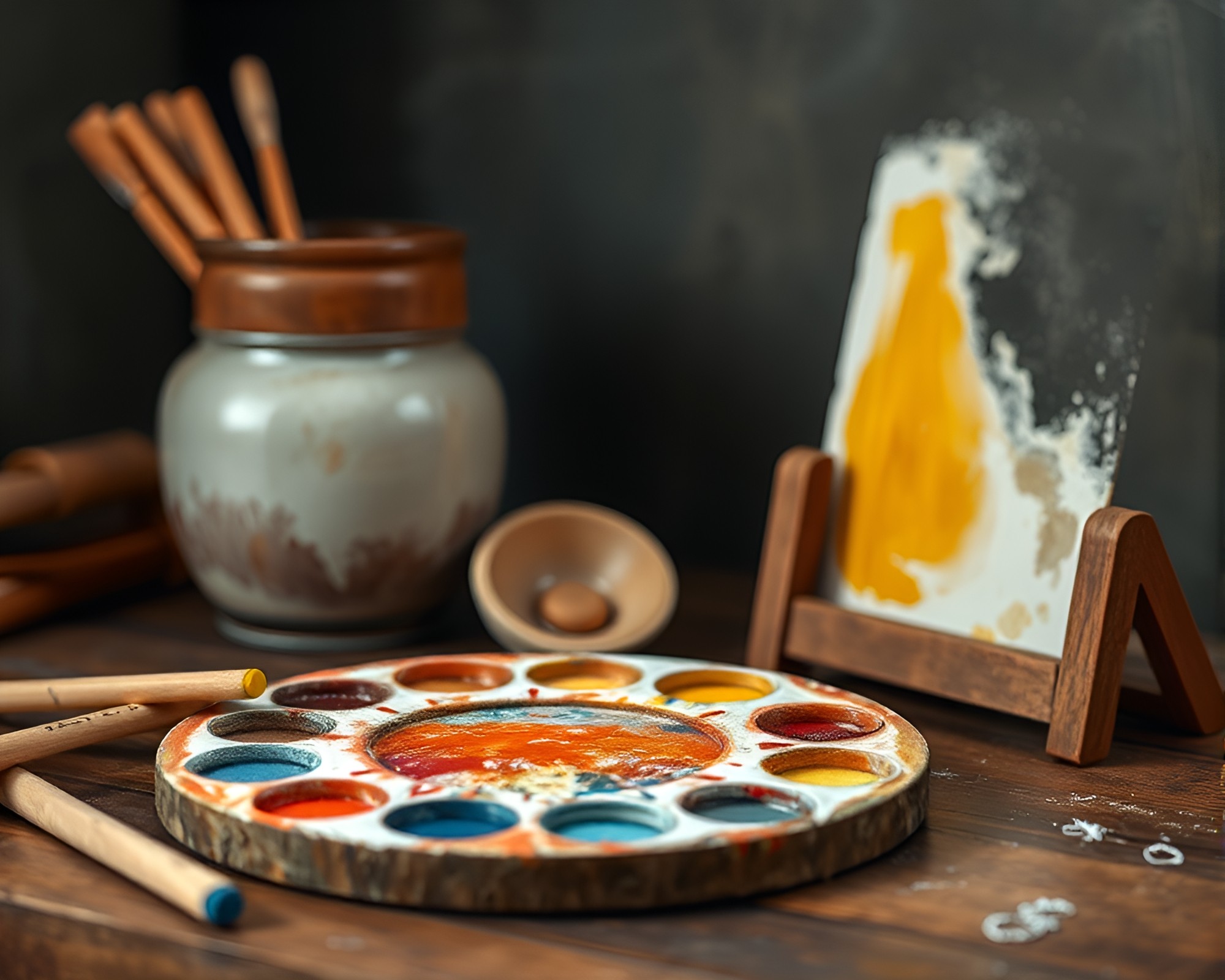 Ring of Soft Pastels: Tempera Studio Composition – free AI stock image